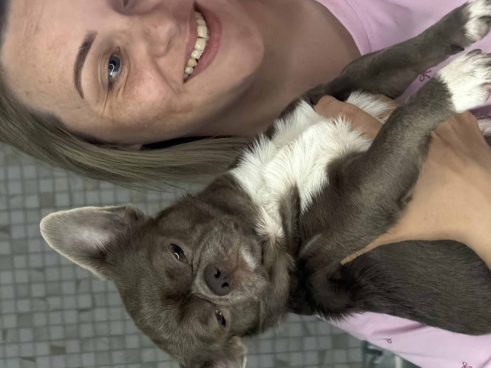 In this close-up, vertical, indoor photograph, a woman with light brown hair and freckled skin smiles at the camera. She is holding a small, grey and white dog, possibly a chihuahua mix, in her arms. The dog appears to be looking away from the camera with its eyes partially closed. The background consists of a tiled wall. The woman is wearing a pink t-shirt. This image was taken in Votkinsk, Russia.