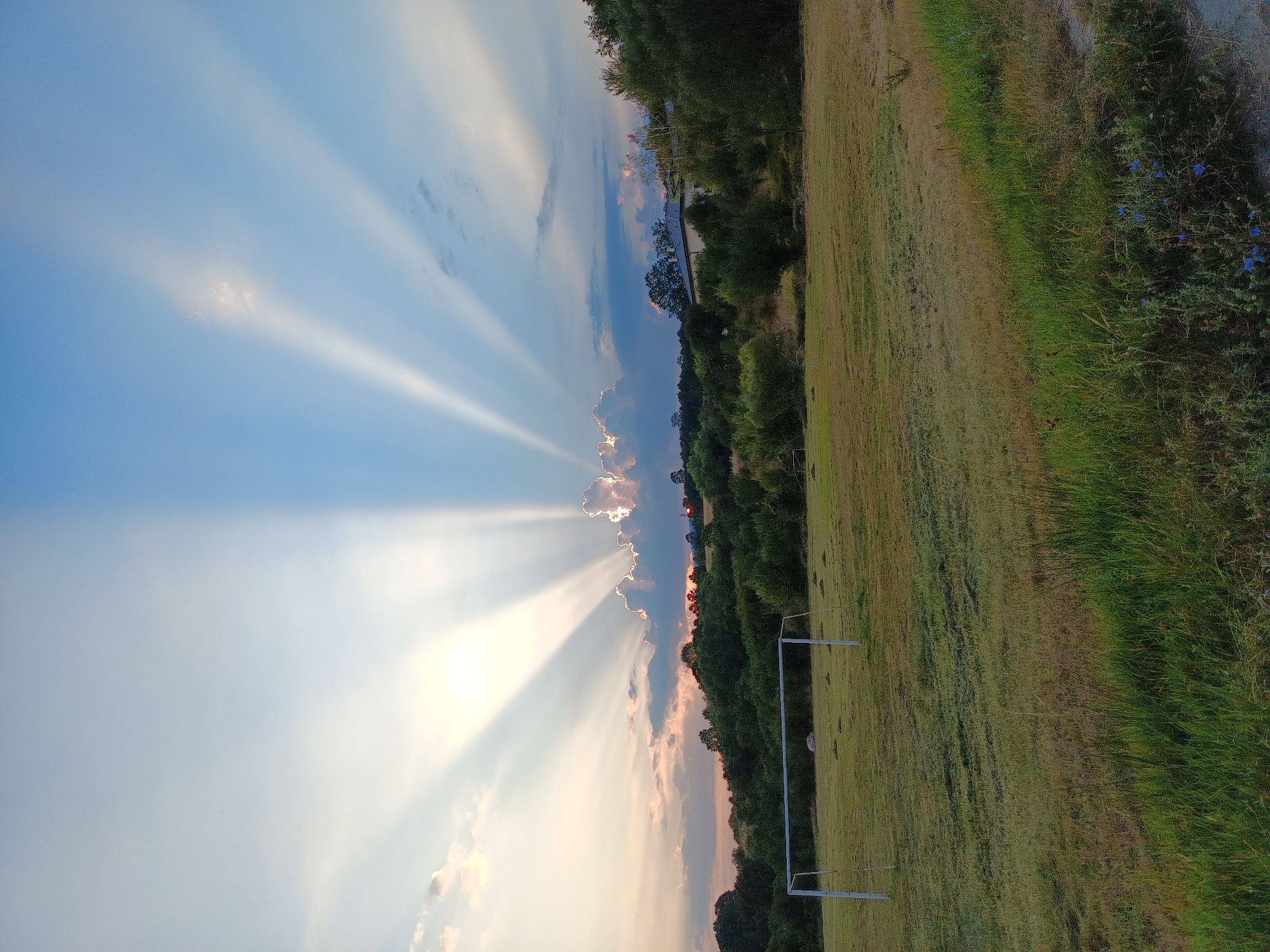The image depicts a sunset over a grassy field in Kralev Dol, Bulgaria. A white metal soccer goalpost stands on the left side of the field. The sky is dramatic with crepuscular rays fanning out from behind a cloud formation. The field is mown, with some patches of longer grass and scattered hay bales. Beyond the field, a dense line of trees forms a dark green backdrop, and further in the distance, a building with a light-colored roof and a red-topped structure are visible on a hill. The foreground shows a strip of taller, wilder grass with some small blue flowers.
