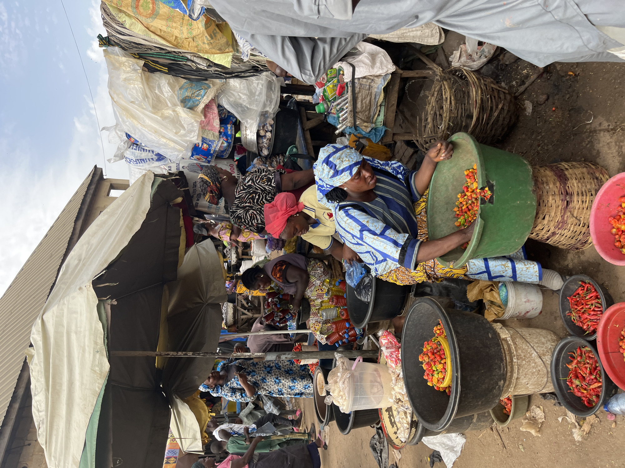 This media file captures a bustling market scene in Rafin Par, Nigeria. The image is oriented sideways. Several women are visible, many wearing colorful headscarves and traditional clothing. They appear to be vendors or shoppers, engaged in the activity of commerce.
Objects in the scene include various containers and baskets filled with produce, primarily red and yellow peppers. One large green tub overflows with peppers, held by a woman wearing a blue and white striped outfit and headscarf. Other containers include woven baskets, black plastic tubs, and pink bowls also containing peppers. There are also bottles, possibly containing cooking oil or sauces, and stacks of plastic sheeting and bags in the background, suggesting a typical market stall setup.
The setting is outdoors, with a rough, dirt ground surface. A corrugated metal roof or awning is visible in the upper left, providing shade. The weather appears to be daytime, with a cloudy sky visible. The overall atmosphere seems busy and active, typical of a market environment. There is no readily discernible text in the image that provides specific information.