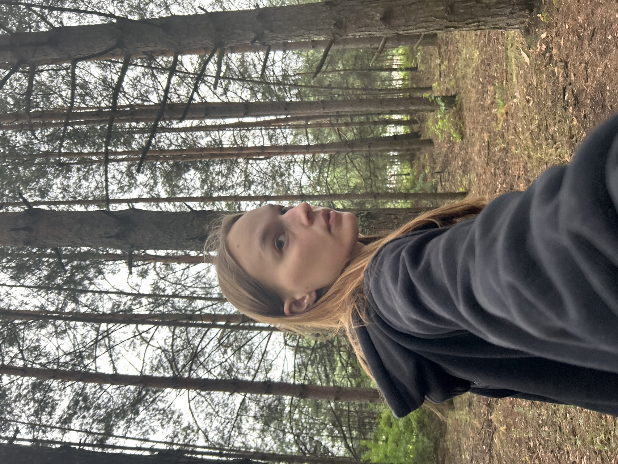 A young Caucasian person with blonde hair and fair skin is pictured in a forest. They are wearing a dark grey hoodie. The person is looking upwards and to the right, with a neutral expression. The forest consists of tall, slender trees with visible branches and a canopy that allows diffused light to filter through. The ground is covered in fallen leaves and pine needles, typical of a forest floor. The image appears to have been taken during the daytime, with overcast or cloudy skies suggested by the soft, even lighting. The setting is a natural outdoor environment, likely a pine forest. There are no visible objects or text in the image. The photo's orientation is rotated 90 degrees counter-clockwise.