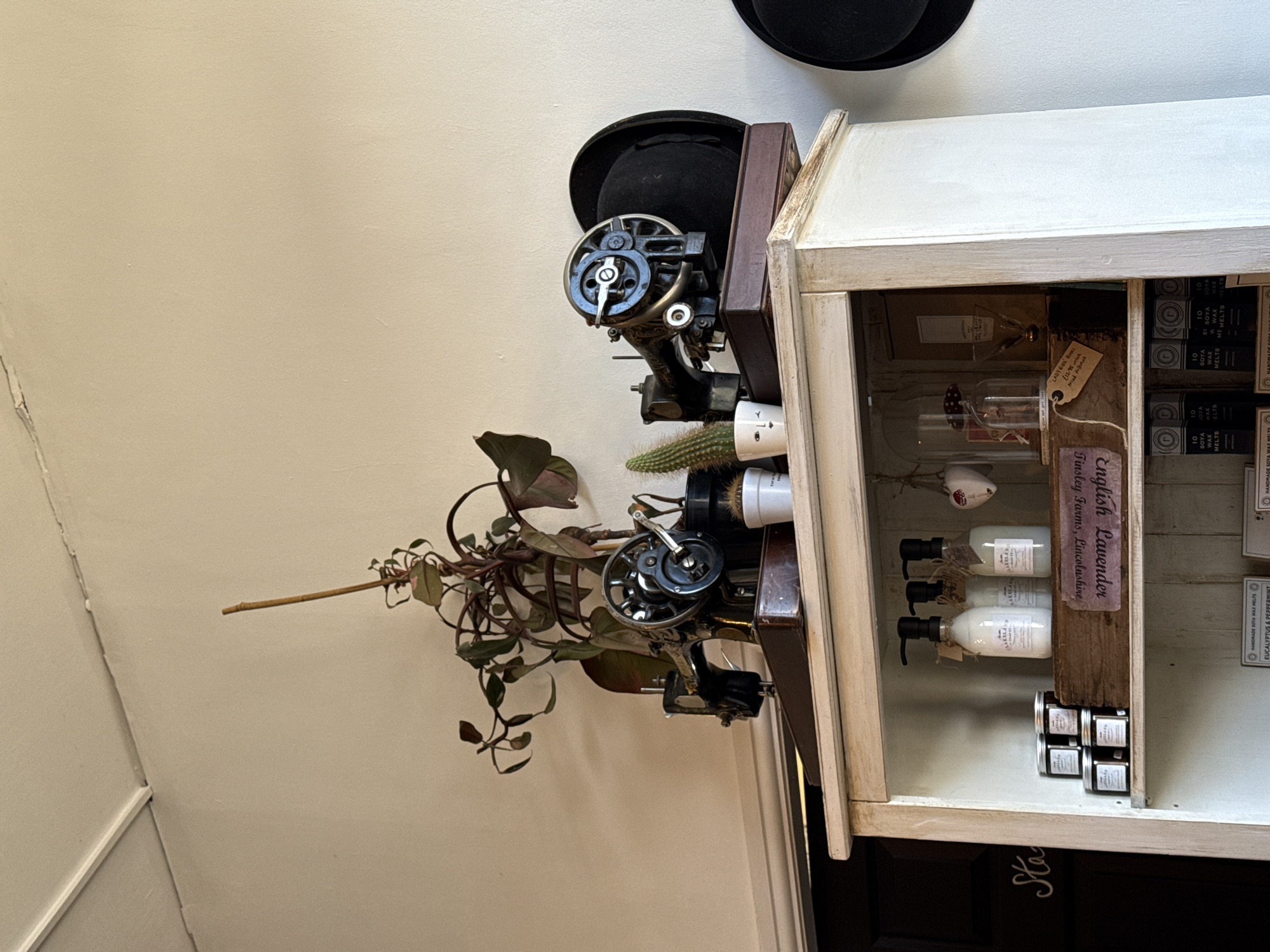 The image displays an interior scene, specifically the upper portion of a distressed white wooden display cabinet positioned against a light-colored wall, indicative of a retail or hospitality establishment in Ambleside, United Kingdom, given the "LAKELAND" branding visible on products. No individuals are present.
On the cabinet's top surface, from left to right: a tall, multi-stemmed plant with dark leaves, supported by a wooden stake; an antique black sewing machine on a dark wooden base; a small cactus in a white pot featuring a stylized face; a second antique black sewing machine on a dark wooden base; and a black bowler hat leaning against the wall, with a second hat partially visible below it.
The visible shelf directly below the top surface holds various retail products. On the left, four small jars with dark lids are arranged, each labeled "LAKELAND." Centered on the shelf, a wooden crate contains three white bottles with black pump dispensers, also labeled "LAKELAND." A brown tag attached to the crate reads "English Lavender / Tinsley Farms, Lincolnshire." To the right, decorative items include a hanging white heart with red spots and a glass cloche containing a small object. A brown tag with handwritten text, including "LADY BUGS SOLE," is also present.
The wall above the cabinet is plain and light-colored. A dark door frame is visible on the far left, featuring faint white lettering that begins with "Sta." The ceiling is light, with a visible seam where it meets the wall.