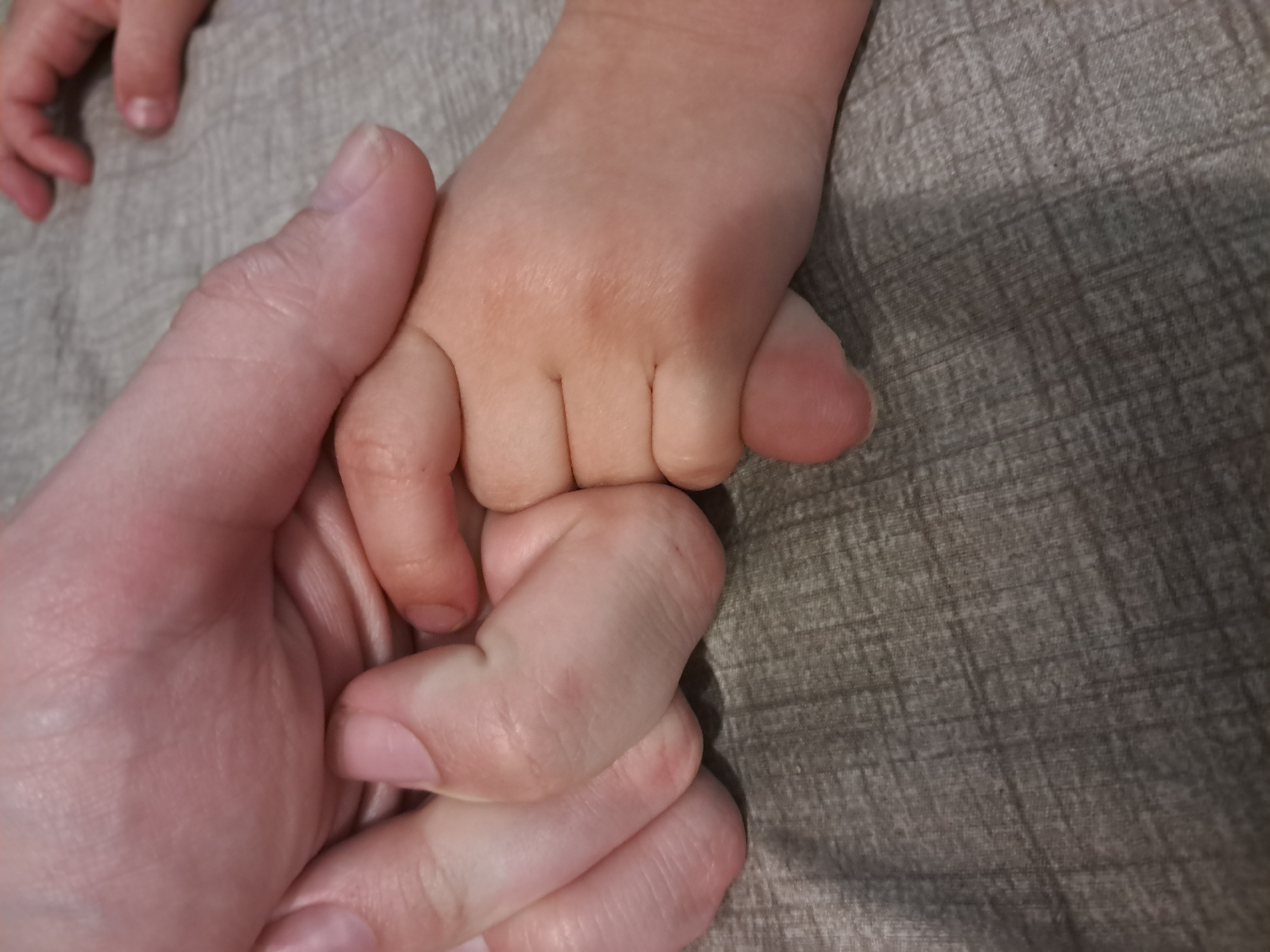 The image shows a close-up of two hands, one adult and one child, clasped together. The adult's hand is larger and lighter-skinned, with a thumb and fingers gently holding the child's hand. The child's hand is smaller, with slightly more tanned skin, and their fingers are curled around the adult's fingers. The background is a textured, grey surface, possibly a table or fabric. The lighting is soft, highlighting the textures of the skin and the background. The scene appears to be one of comfort and connection.