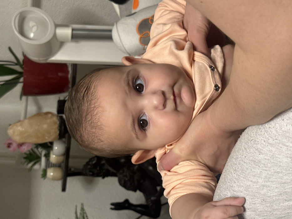 A baby with brown eyes and a peach-colored shirt is held by a person. The baby is looking directly at the camera. Behind the baby is a shelf with a red planter, a lamp, a crystal, and other decorations. The person holding the baby is wearing a grey shirt. The image is slightly tilted to the left.