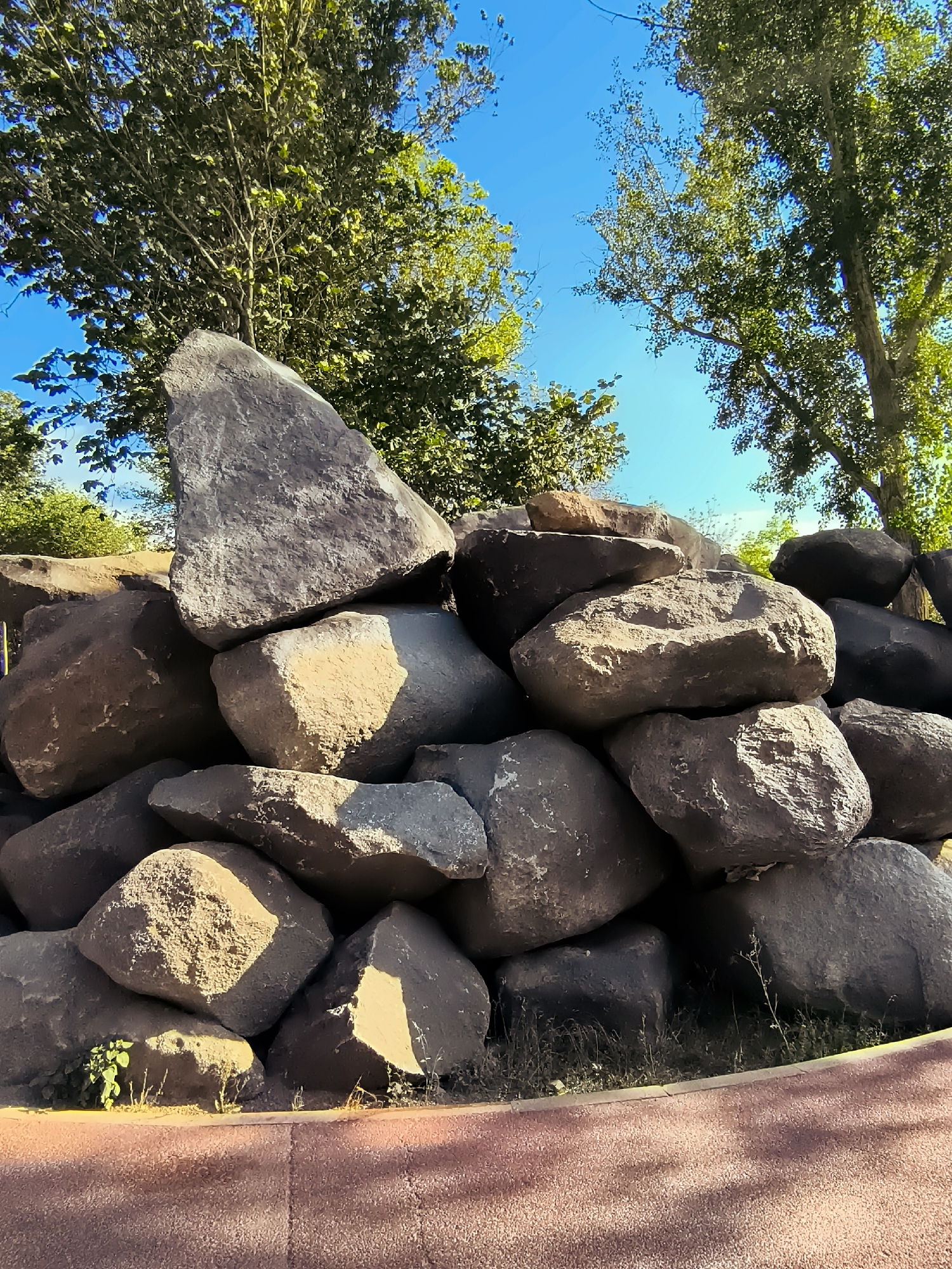 The image displays a collection of large, rough-textured boulders piled together. The rocks vary in size and color, ranging from dark gray to lighter brown and tan, with some exhibiting highlights from direct sunlight. The boulders are arranged in a somewhat haphazard, naturalistic manner. At the base of the rock pile, there is a curved, reddish-brown border, possibly a planter or decorative edge. Small green plants and dry grass are visible growing among the lower rocks and at the base. In the background, lush green trees with dense foliage are seen against a clear, bright blue sky. The overall scene suggests an outdoor setting, likely a park, garden, or natural landscape feature within a city. The image is taken from a low angle, looking upwards towards the trees and sky. There are no people or animals visible in the frame.