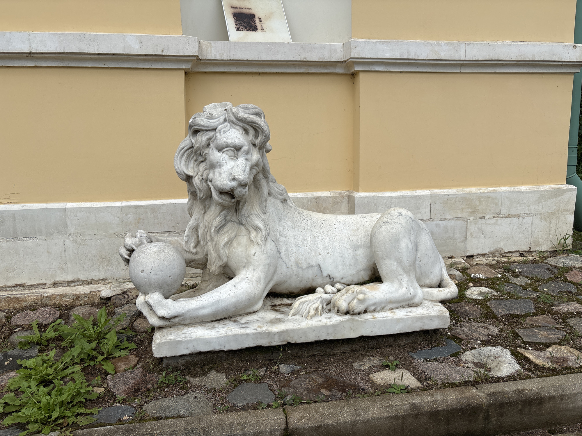 A white marble sculpture of a recumbent lion holding a sphere in its left paw is positioned on a paved area in front of a building with a pale yellow facade. The lion sculpture is worn, with visible cracks and discoloration. The paved area consists of cobblestones and patches of grass. The building facade has a white decorative cornice. A sign with a QR code and text is visible on a ledge above the lion sculpture. The scene suggests an outdoor historical or park setting. This location is in the city of Arkhangel'skoe, Russia.