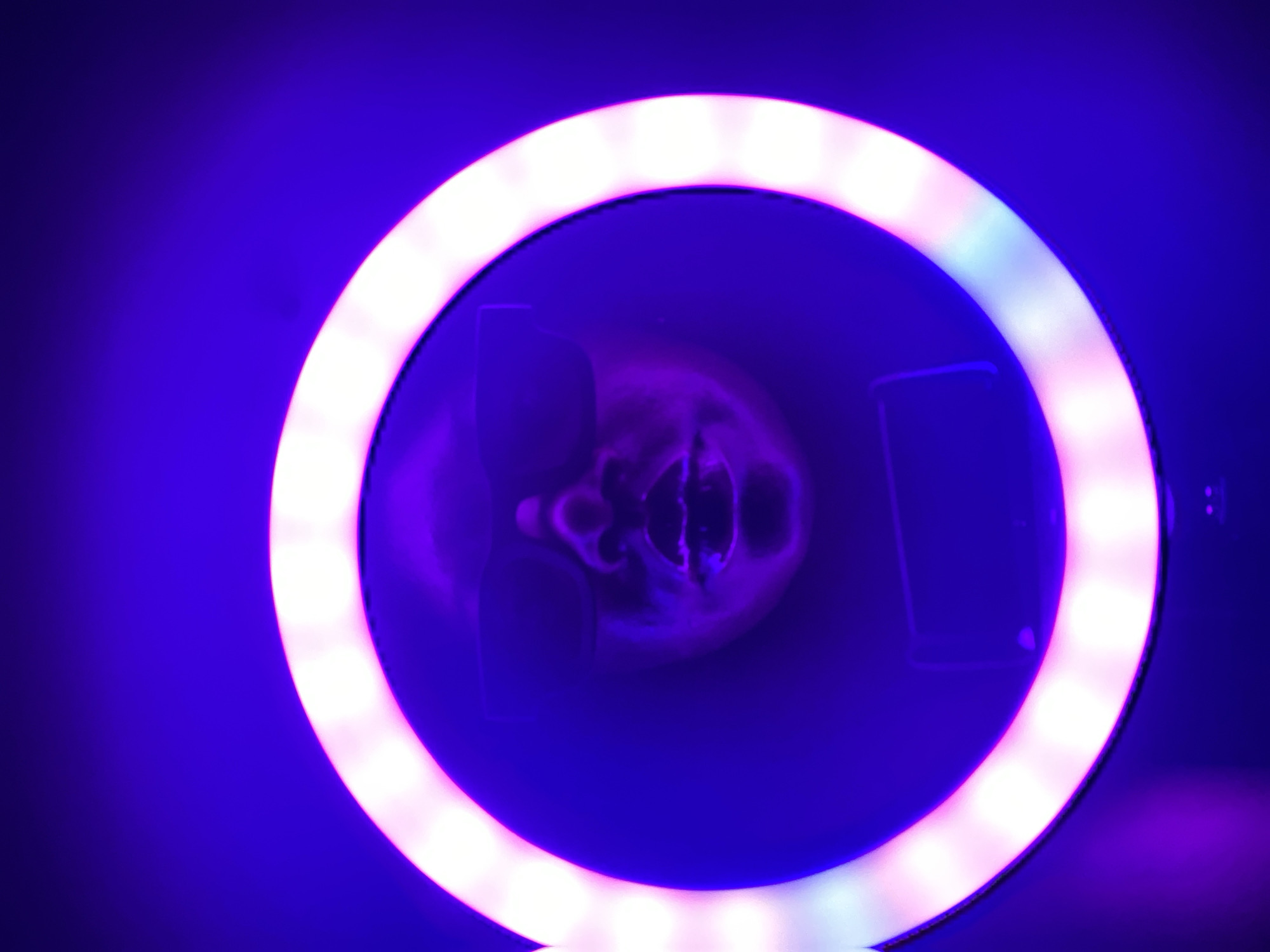 The image displays a prominent, brightly illuminated circular ring light against a deep indigo-purple background. The ring light emits a strong white glow, with sections showing hints of pink and subtle bluish-green tones, suggesting various LED colors or reflections.
Centered within the ring light's aperture is a skull or a skull-like mask, rendered in shades of dark purple and black by the intense light, highlighting its contours, eye sockets, and nasal cavity. To the right of the skull, also inside the illuminated circle, a dark, rectangular object resembling a smartphone is visible.
The scene is dark and devoid of other specific environmental details, implying an indoor setting or night-time conditions with artificial lighting. The overall aesthetic is minimalist, focusing entirely on the illuminated objects. The arrangement of the ring light, skull, and smartphone suggests a staged photograph, a video recording setup, or an artistic display piece. There is no clear activity taking place, and no visible text. The provided location context is Maigizo, Nigeria, but this is not visually discernible from the image itself.