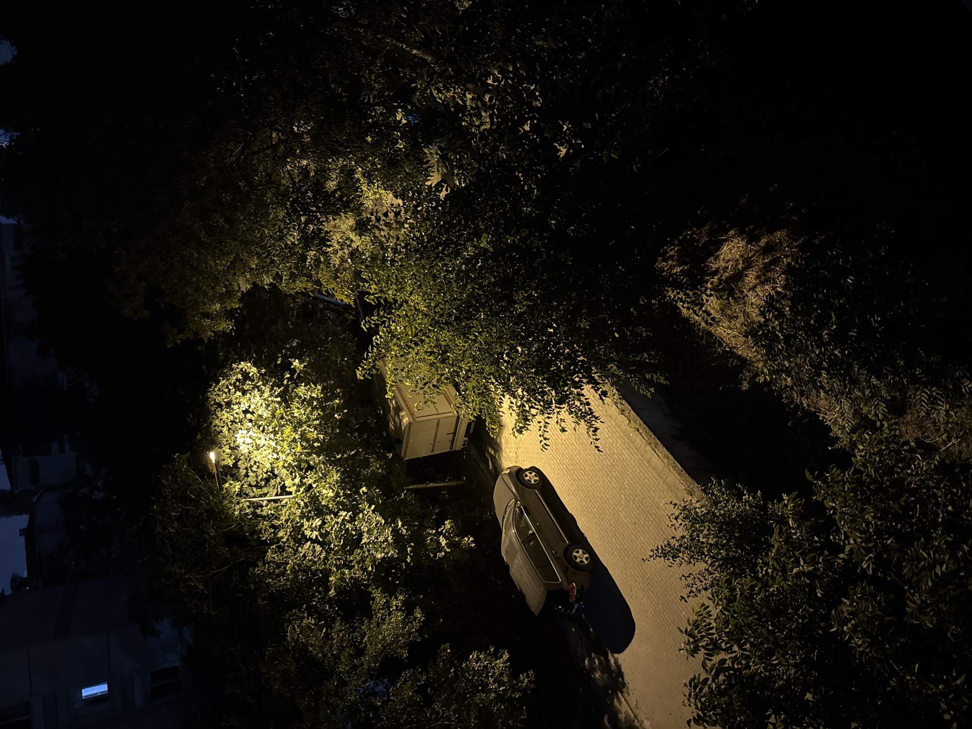 In Gungoren, Turkey, at night, a dark-colored SUV is parked on a paved walkway lined with trees. A street lamp illuminates the scene with a warm, yellow glow, casting shadows through the dense foliage. Behind the SUV, a white box truck is visible. In the background, the upper floors of a multi-story building are dimly lit, with a single window emitting a bright blue light. The surrounding environment is characterized by deep shadows and the presence of lush greenery.