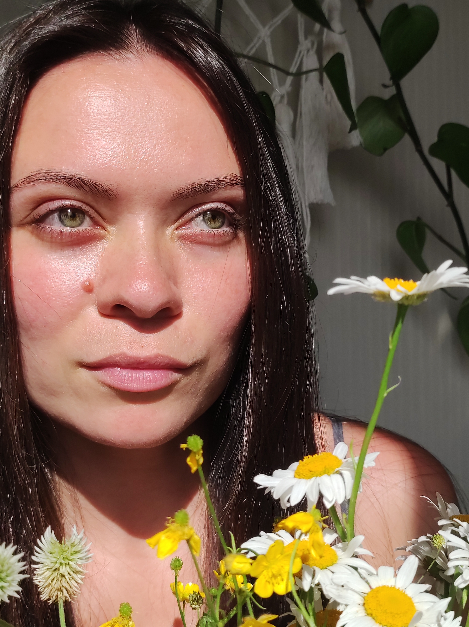 This close-up, horizontal media file features the face of a young woman with long, dark hair, positioned on the left side of the frame. Her eyes, with striking green irises, are looking to the right, away from the viewer. Her skin is illuminated by warm, natural light, casting subtle shadows and highlighting a small mole just below her right eye and above her cheek. Her lips are slightly parted, and a soft smile seems to be forming.
In the foreground, to the right of the woman's face, a bouquet of wildflowers is prominently displayed. These include white daisies with yellow centers and small yellow buttercup-like flowers. The flowers are positioned in front of her, partially obscuring her shoulder and the lower part of her face.
The background is softly blurred, but hints of a setting can be discerned. To the right, a houseplant with heart-shaped leaves is visible, reaching towards the top of the frame. Behind the woman and the plant, a white, macrame-style wall hanging with tassels is slightly visible. The lighting suggests it is daytime, with sunlight streaming in from the right, creating a warm and gentle ambiance. The overall mood is serene and natural, evoking a sense of peaceful contemplation. There is no visible text in the media file. The location context is Chaikovsky, Russia.