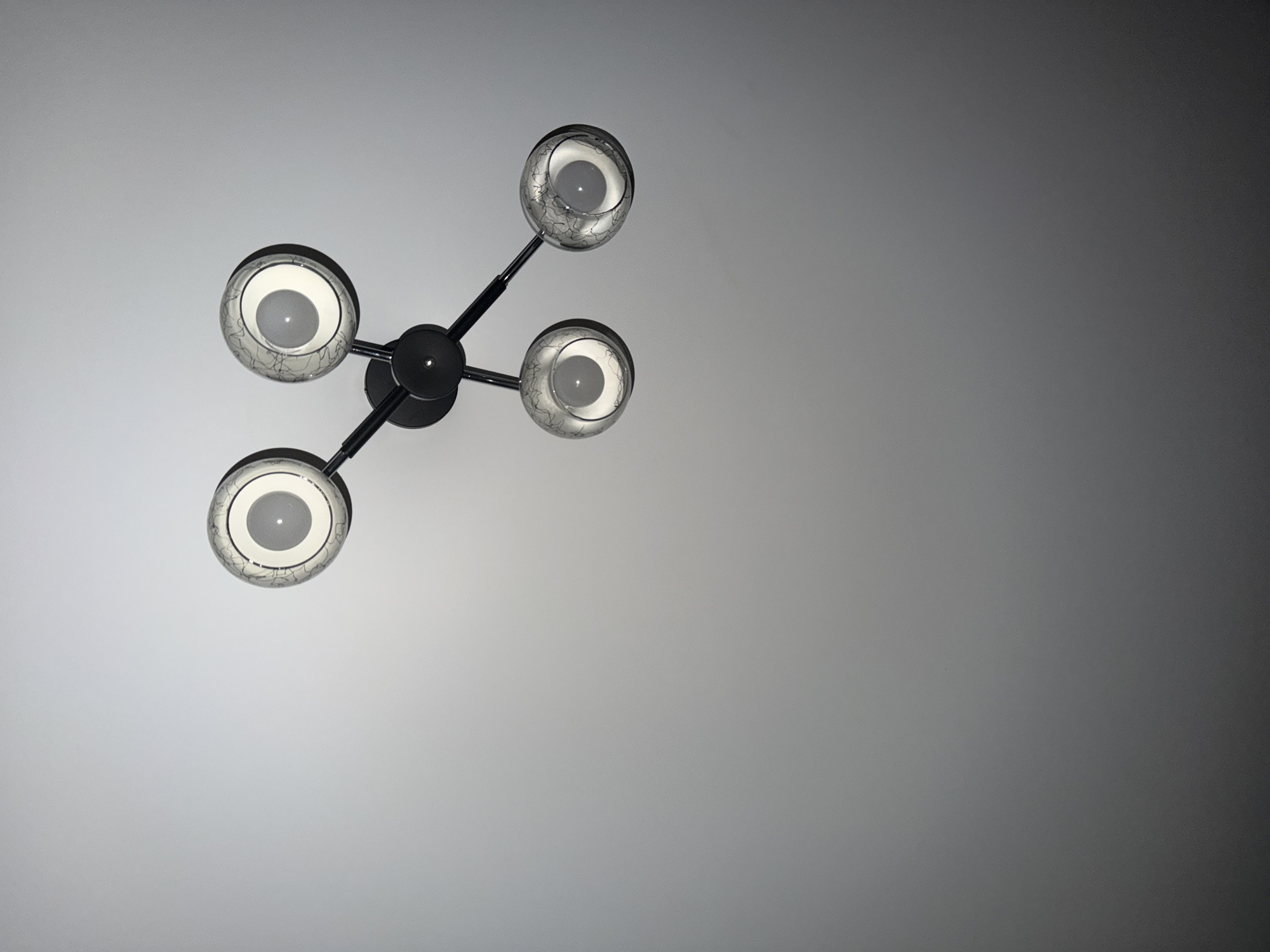 The image shows a four-bulb light fixture against a plain, light gray ceiling. The fixture has a central black hub from which four black arms extend, each terminating in a frosted glass globe housing a lightbulb. The bulbs are lit. There is no indication of the city of Koltushi, Russia or any other location. No people, actions, or interactions are depicted.