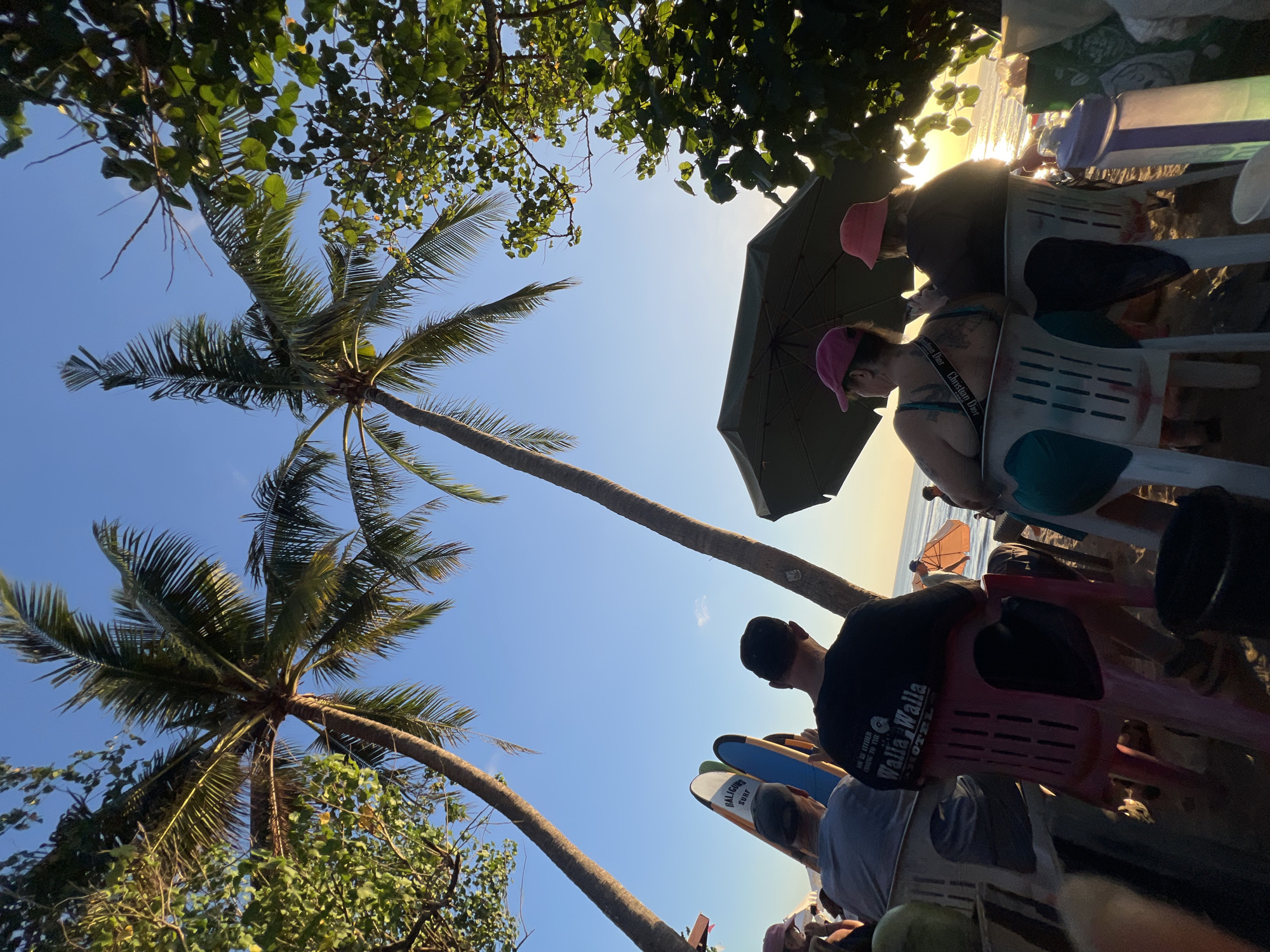 The image captures a sunset scene at a beachside location in Kuta, Indonesia. Two prominent palm trees frame the view, with their fronds silhouetted against a clear blue sky. In the foreground, several individuals are seated on plastic chairs on the sand, facing the ocean. Some of these individuals are looking out towards the water. Surfboards are visible behind a group of people in the left portion of the frame, suggesting proximity to surfing activities. An open umbrella provides shade over some of the seated patrons. The setting sun casts a warm glow over the water, creating a serene atmosphere. The scene appears to be a casual gathering or a group enjoying the beach at dusk.