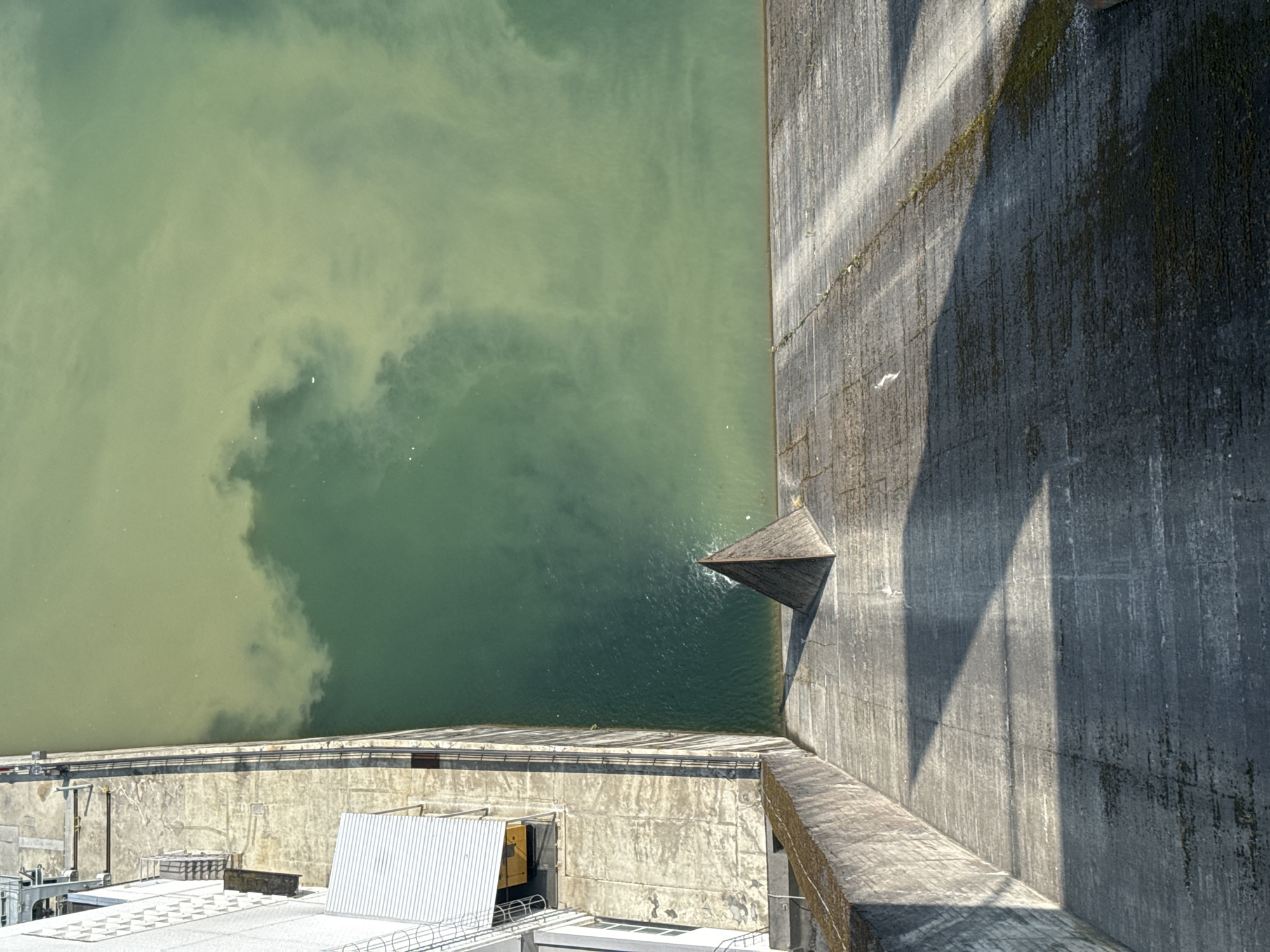 This is an aerial, high-angle shot of the Solina Dam in Solina, Poland. The dam is constructed of concrete and slopes downwards towards the viewer, with visible texture and cracks on its surface. A triangular concrete structure protrudes from the dam's edge into the water.
To the left of the dam, there is a concrete platform with various structures, including a white building with a silver roof and a yellow generator. A metal railing runs along the edge of this platform, separating it from the water.
The water body, likely Lake Solina, displays a distinct color gradient. The water closer to the dam is a deep, clear green, while further out, it transitions into a cloudy, murky tan or light brown. This suggests a mixing of different water types or sediment. The surface of the water shows small ripples, indicating some movement.
The scene appears to be under daylight, with strong shadows cast across the dam's surface by the sun. There are no people visible in the image.