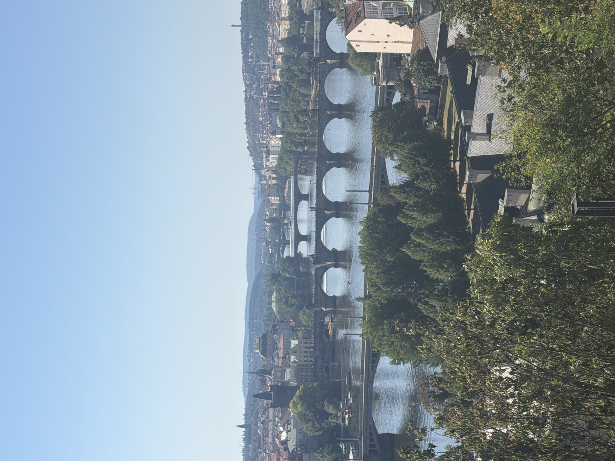 This is a panoramic view of Prague, Czechia, looking across the Vltava River on a clear, sunny day. The foreground is dominated by lush green trees, with their branches partially obscuring the view. In the midground, the Vltava River flows, spanned by multiple bridges.
The most prominent bridge in the midground features several arched stone spans, with people visible walking along its length. Behind this bridge, other bridges with similar arched designs are visible further into the city. On the left bank of the river, the historical cityscape of Prague is apparent, with distinctive spired buildings and rooftops, including what appears to be the Old Town Bridge Tower. On the right bank, a modern building with a cream-colored facade and a red-tiled roof stands out, surrounded by greenery.
The background consists of rolling hills covered in trees and scattered buildings, with the distant skyline of Prague extending towards the horizon. A tall, slender tower is visible on one of the distant hills. The sky is a clear, pale blue, indicating good weather conditions. The overall scene depicts a vibrant, historic city bathed in sunlight, with the river and its bridges acting as central elements connecting different parts of Prague.