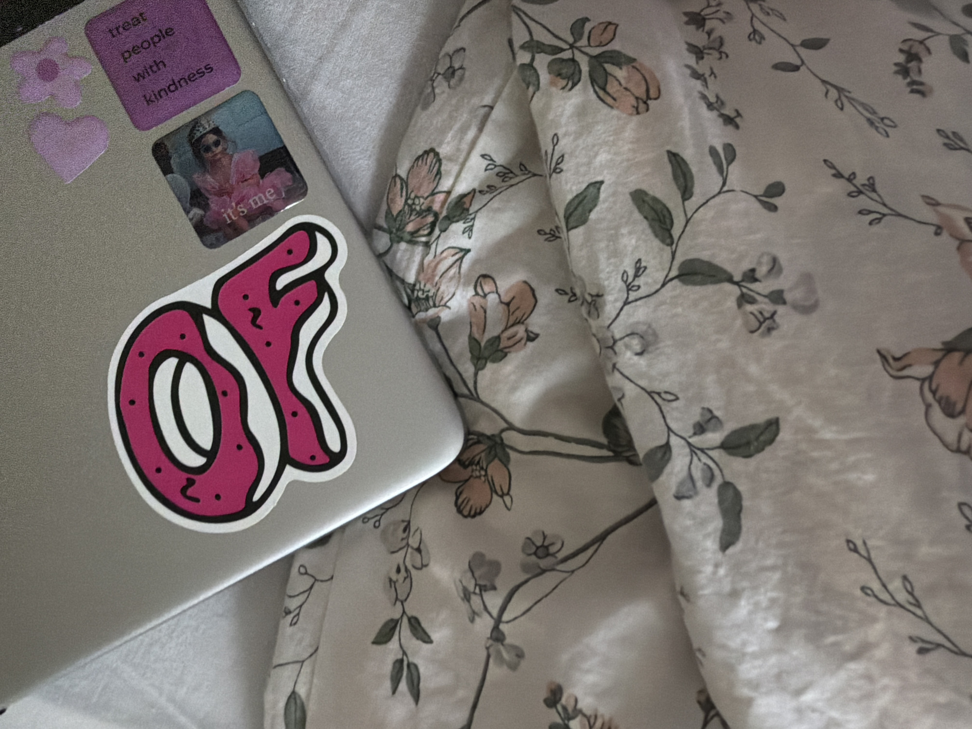 The image shows a portion of a silver laptop resting on a floral-patterned fabric. The laptop is adorned with several stickers, including a purple flower, a purple heart, a square sticker with an image of a person wearing a tiara and the text "it's me", a purple square with the text "treat people with kindness", and a large pink and white sticker with the letters "OF". The floral fabric features a pattern of light pink flowers, green leaves, and thin black branches on a white background. The scene is lit softly. The image doesn't contain enough information to determine a specific location, including Izhevsk, Russia.