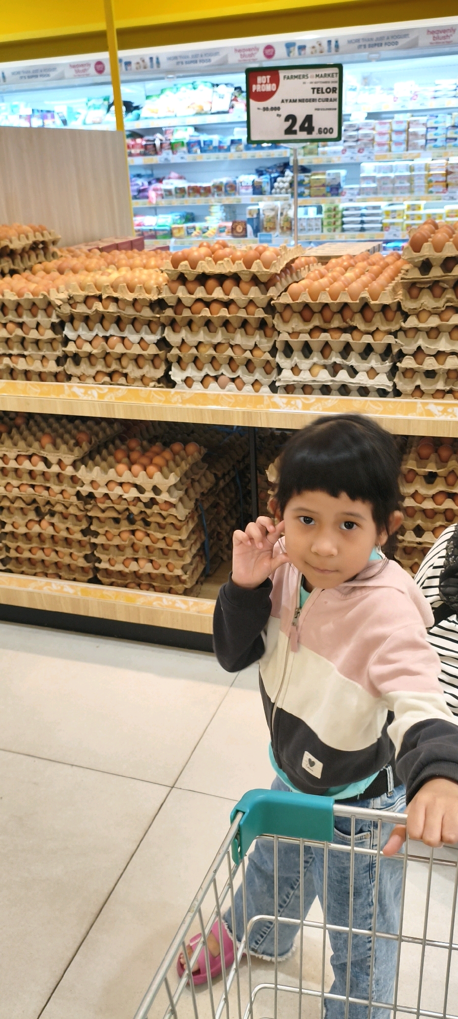 A young girl with dark hair and brown eyes is standing in a supermarket aisle, pushing a shopping cart. She is wearing a zip-up hoodie with pink, white, and dark gray panels, blue jeans, and pink slip-on sandals. Her left hand is touching her left ear. Behind her, shelves are stacked high with dozens of cartons of eggs. In the background, a sign displays "HOT PROMO," "FARMERS IN MARKET," "TELOR AYAM NEGERI CURAH," and a price of "24.600." The floor is tiled. The store appears to be located in West Jakarta, Indonesia, given the signage.