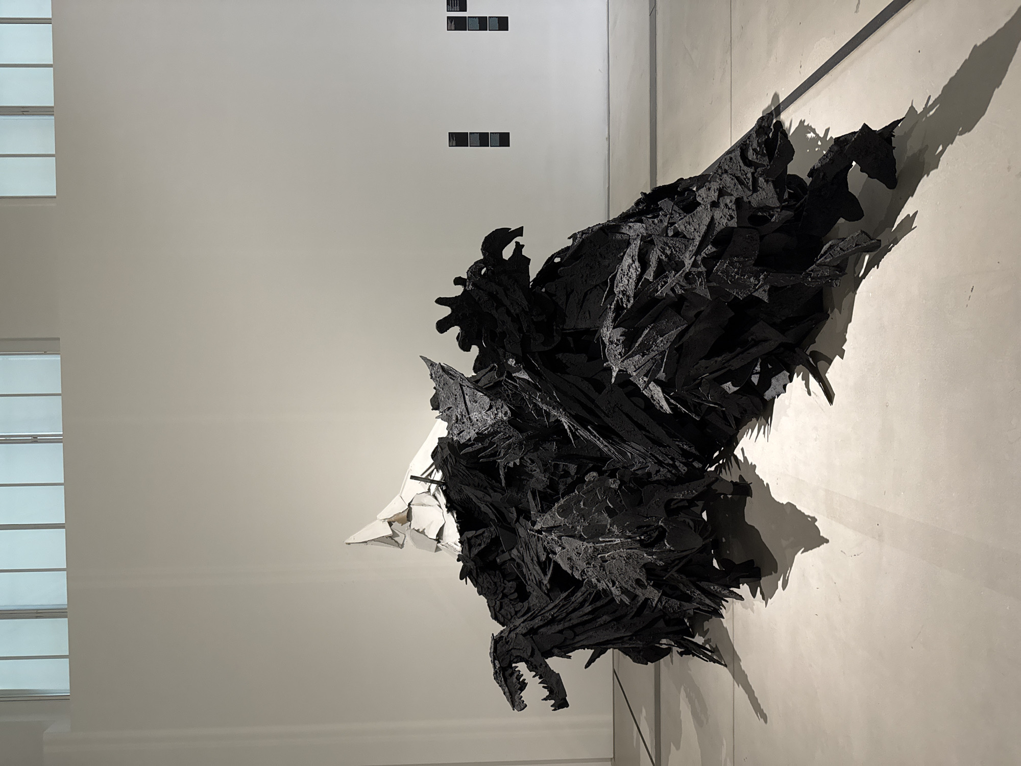 This media file captures an interior scene within an art gallery or exhibition space in Moscow, Russia, featuring a prominent abstract sculpture.
The central subject is a large, dark-colored sculpture with a highly fragmented, spiky, and jagged texture. It appears to be constructed from numerous interlocking or layered pieces, predominantly in shades of black or very dark grey, giving it a dense and formidable appearance. On its left side, a section of the sculpture transitions into contrasting white or off-white, angular, and geometric forms. The sculpture rests on a light-colored floor, possibly concrete or polished stone, and extends upwards against a matching light-colored, plain wall.
Dramatic and sharp shadows are cast by the sculpture onto both the floor and the wall, accentuating its intricate contours and three-dimensional depth. These shadows suggest a strong, focused light source, possibly from overhead or the left.
In the background, on the far left, are large rectangular windows with multiple horizontal panes, contributing to the ambient light of the space. Higher up on the back wall, above the sculpture, are several small, dark, rectangular elements arranged in two rows. These objects are too small and indistinct to identify as specific artworks or text, but they suggest further artistic or informational displays.
The overall scene depicts a clean, minimalist gallery environment showcasing a powerful and complex contemporary art piece, characterized by its sharp forms, contrasting colors, and prominent shadow play. No discernible text is visible within the frame.