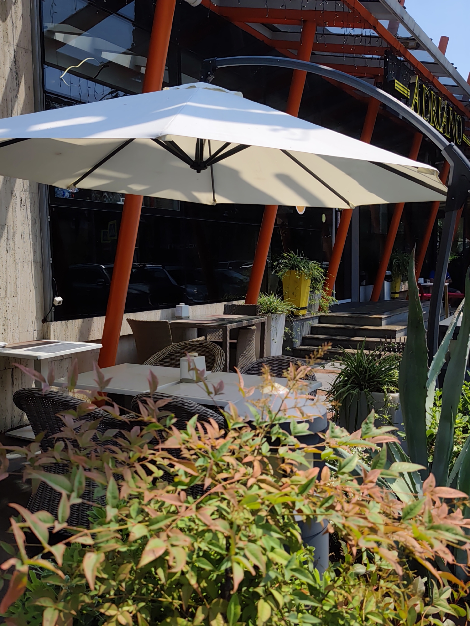 The image captures an outdoor seating area of a cafe or restaurant in Sochi, Russia. A large, white umbrella shades several wicker chairs and tables set with white placemats and square white salt and pepper shakers. In the background, a building facade features large windows reflecting the sky and surrounding structures. Orange support beams are visible, some supporting the umbrella and others part of the building's architecture. A staircase leads up to an entrance, flanked by potted plants, including a bright yellow planter. The scene is bathed in sunlight, casting shadows and highlighting the lush greenery in the foreground. The restaurant name "ADRIANO" is visible in yellow neon lettering on the building.