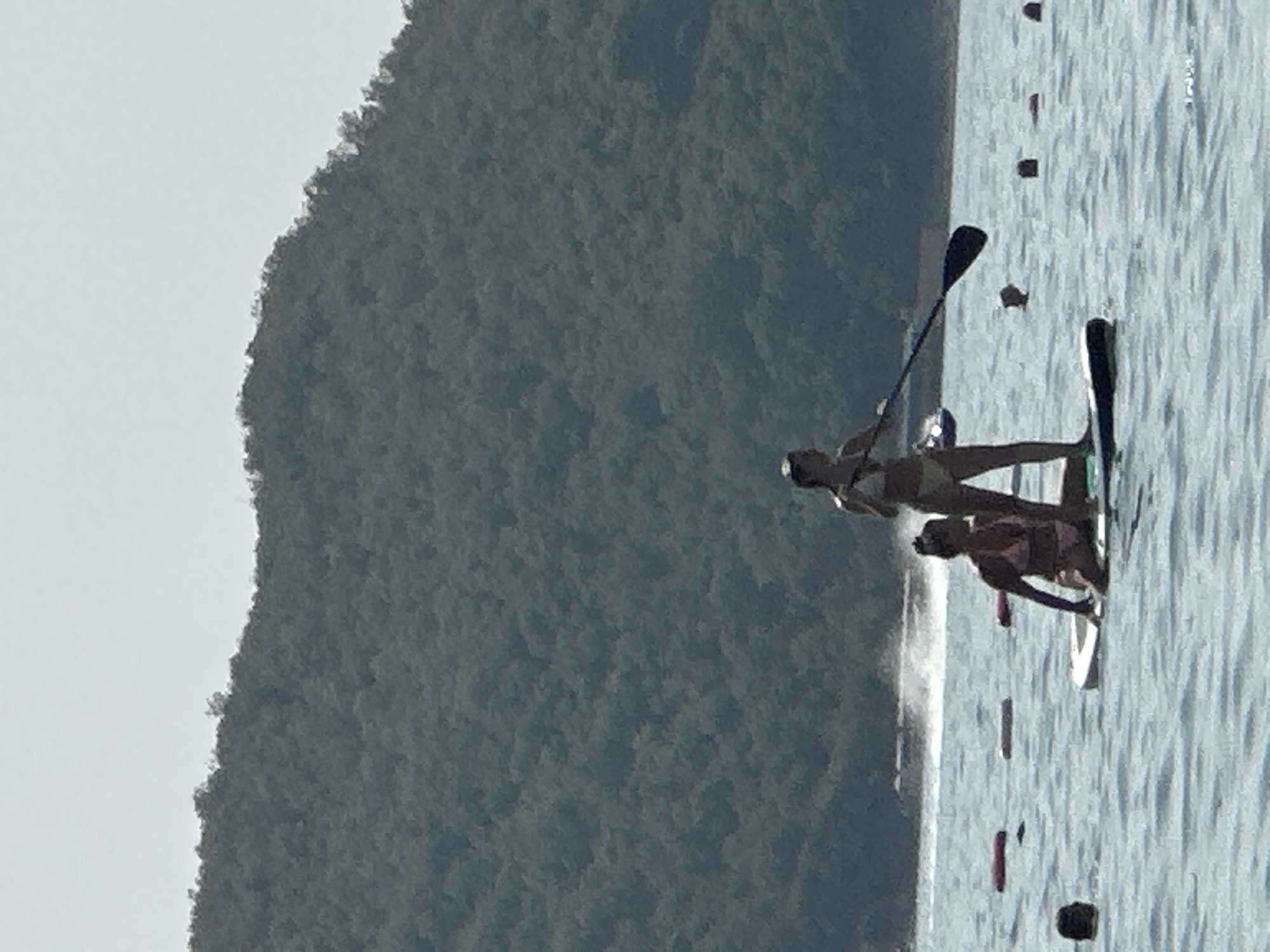 Two women are paddleboarding on a calm, blue body of water. The woman in front is standing and holding a paddle, while the woman behind her is kneeling. Both are wearing swimwear. In the background, a densely wooded hillside slopes down towards the water, and the sky is a pale blue. There are several buoys floating in the water, and a few other people are visible in the distance, some with their heads above the water. A boat is creating a wake further out. The location is the Bay of Kotor, near the settlement of Boreti in Montenegro.