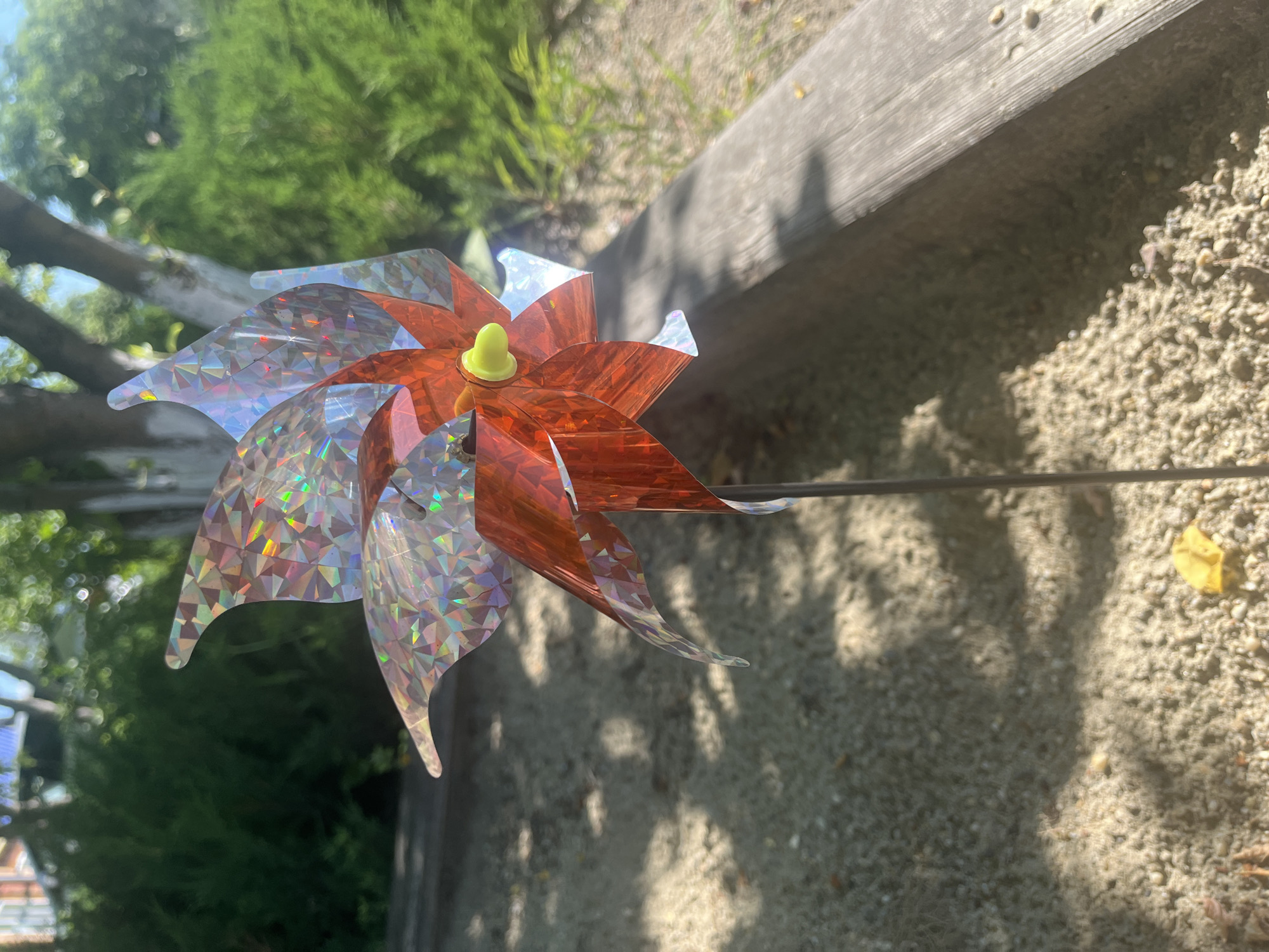 A pinwheel with orange and holographic petals is shown in profile, standing upright in the dirt. The pinwheel is positioned in the foreground, with its petals fanned out and reflecting the sunlight. Behind the pinwheel, a wooden border runs horizontally across the frame, covered in dirt and small stones. Further in the background, lush green bushes and trees are visible, with dappled sunlight filtering through the leaves. The overall scene is set outdoors in a garden or park-like environment. There are no people present in the image. This image was not taken in Shadrinsk, Russia.