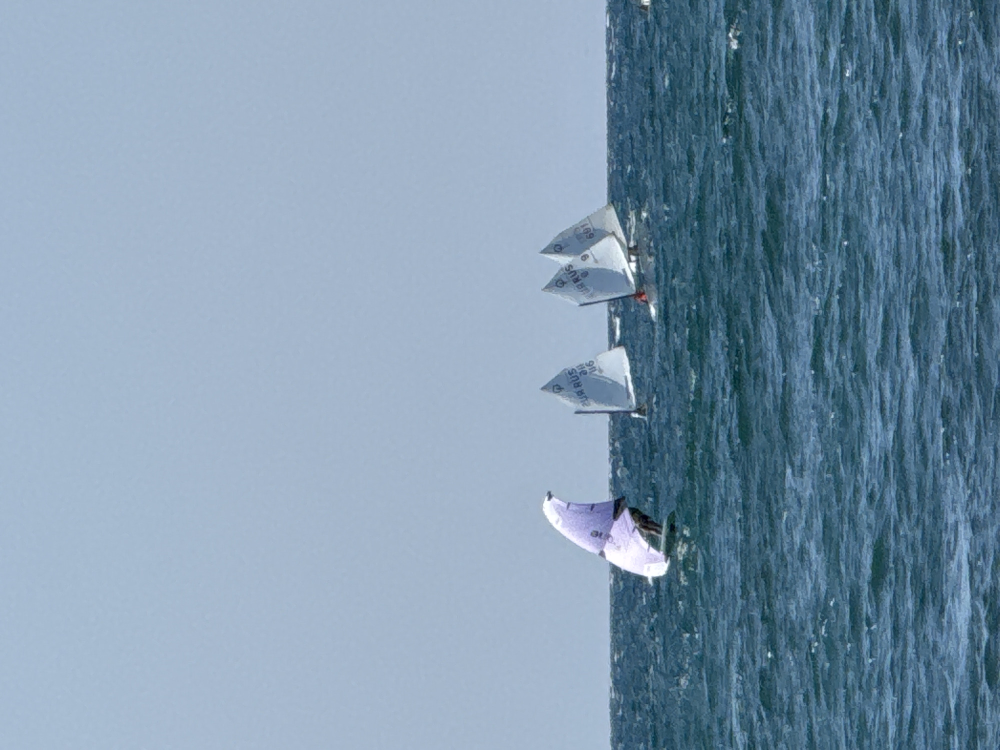 The image shows a group of small sailboats on a choppy, dark blue sea under a pale blue, cloudless sky. In the foreground, a single sailboat with a large, translucent purple sail is angled towards the left, its hull obscured by the sail. Further out in the water, three other sailboats are visible, their sails white and triangular. These boats are positioned in a line, moving from left to right. The two sailboats on the right display markings, including what appears to be "RUS" and numbers like "9", "691", and "36", indicating they are likely part of a race or competition. The overall scene suggests an outdoor sporting event taking place on the water. The location is identified as the city of Sevastopol, Ukraine, implying a coastal setting with open water suitable for sailing.