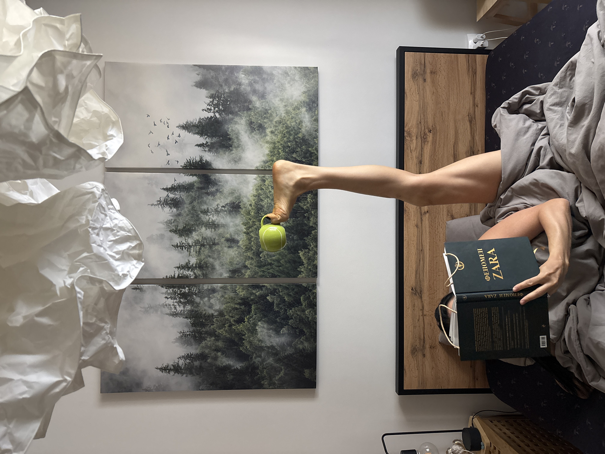 A person is lying in bed, reading a book titled "PHENOMENON ZARA". The person's leg is extended upwards, holding a green mug in the foot. The background includes a multi-paneled artwork depicting a misty forest and a white decorative light fixture. The location is Chaikovsky, Russia.