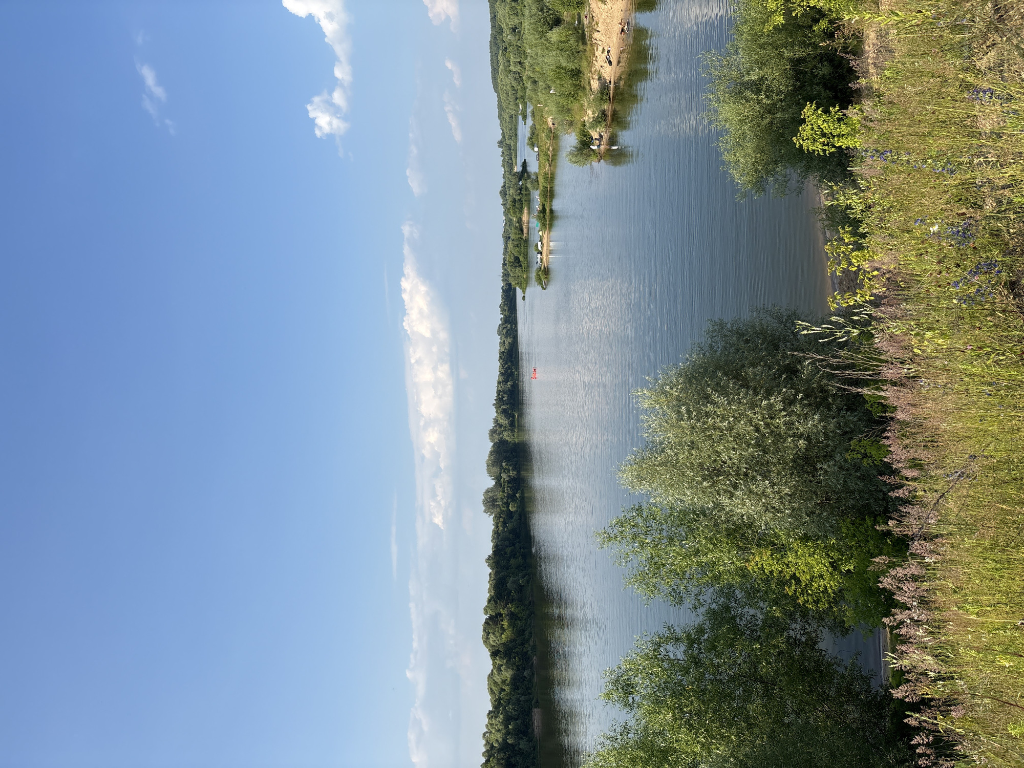 The image depicts a wide, calm river under a bright blue sky with scattered white clouds. The riverbanks are lined with dense green trees, and in the foreground, there is a grassy area with wildflowers. On the far side of the river, a line of trees forms a natural border. In the middle of the river, a small red boat can be seen. Further along the right bank, there are sandy areas and patches of vegetation, with a few small groups of people visible near the water's edge. The scene is characteristic of a natural landscape within or near the city of Lan'shino, Russia, likely a popular spot for recreation during warm weather.