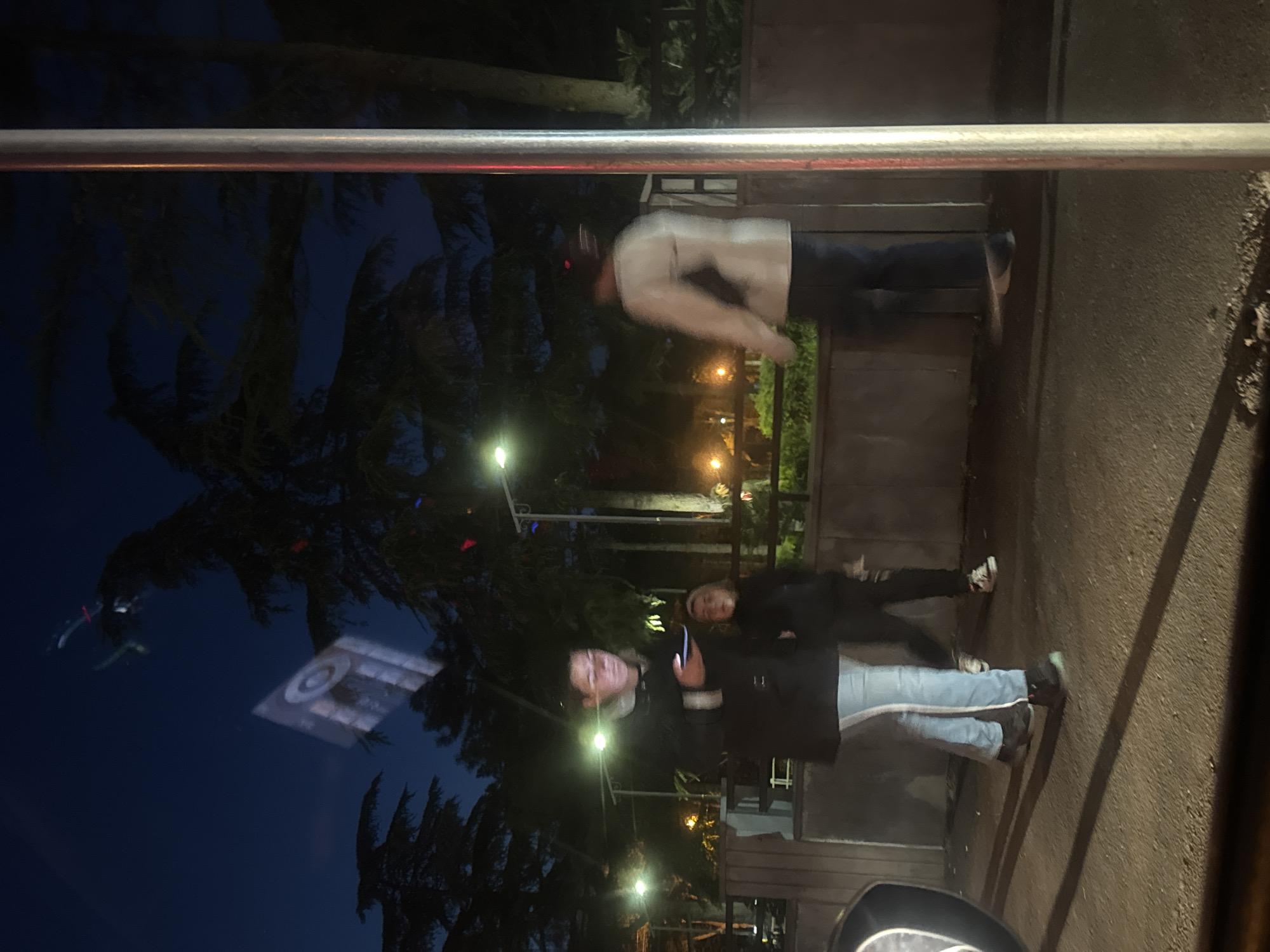 The image captures an outdoor night scene featuring three individuals and illuminated foliage. A prominent silver metal railing runs horizontally across the upper part of the frame, close to the camera, with a faint red reflection on its underside.
In the midground, three people are visible. On the right, a person in a light-colored jacket and dark pants is blurred, suggesting movement as they walk away. To the left, closer to the camera, stand two individuals. A young man, wearing a dark jacket and light blue jeans, holds a smartphone and looks towards the viewer with a slight smile. Beside him, a second person (likely a young woman) with dark hair, also in a dark jacket, holds a phone, smiling broadly, and looks towards the camera.
The background is dominated by dark, tall palm trees or similar foliage silhouetted against a deep blue night sky. Various artificial lights, including streetlamps and warm-toned string lights, illuminate parts of the scene, creating a speckled glow. Indistinct architectural structures, possibly walls or fences, are also present. A distinct reflection of a square display or screen with circular elements is visible on the upper left, possibly from a window. The ground is an asphalt or concrete surface, and a part of a vehicle's tire or rim is visible in the bottom right. The overall atmosphere suggests a casual evening outing. No visible text is discernible.