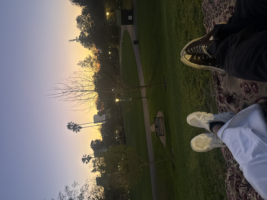 The image depicts a first-person view of a park scene at dusk within Exposition Park, Los Angeles, California, United States of America. Two individuals are present, indicated by their feet and lower legs resting on a patterned blanket in the foreground. One person wears light-colored athletic shoes and white pants, while the other wears dark canvas shoes and dark pants.
The midground features a large, well-maintained grassy slope, winding paved pathways, and several illuminated park lights. Multiple trees, some deciduous and appearing bare, are scattered across the landscape. A dark park bench is situated beside a pathway, and a small, dark utility structure or kiosk is visible further along a path to the right, adjacent to a trash receptacle.
The background shows a vibrant sunset sky, transitioning from orange and yellow at the horizon to purple and blue overhead. Silhouettes of numerous trees, including several tall palm trees, are visible against the sky. Distant high-rise buildings are discernible through the tree line, confirming an urban setting.
