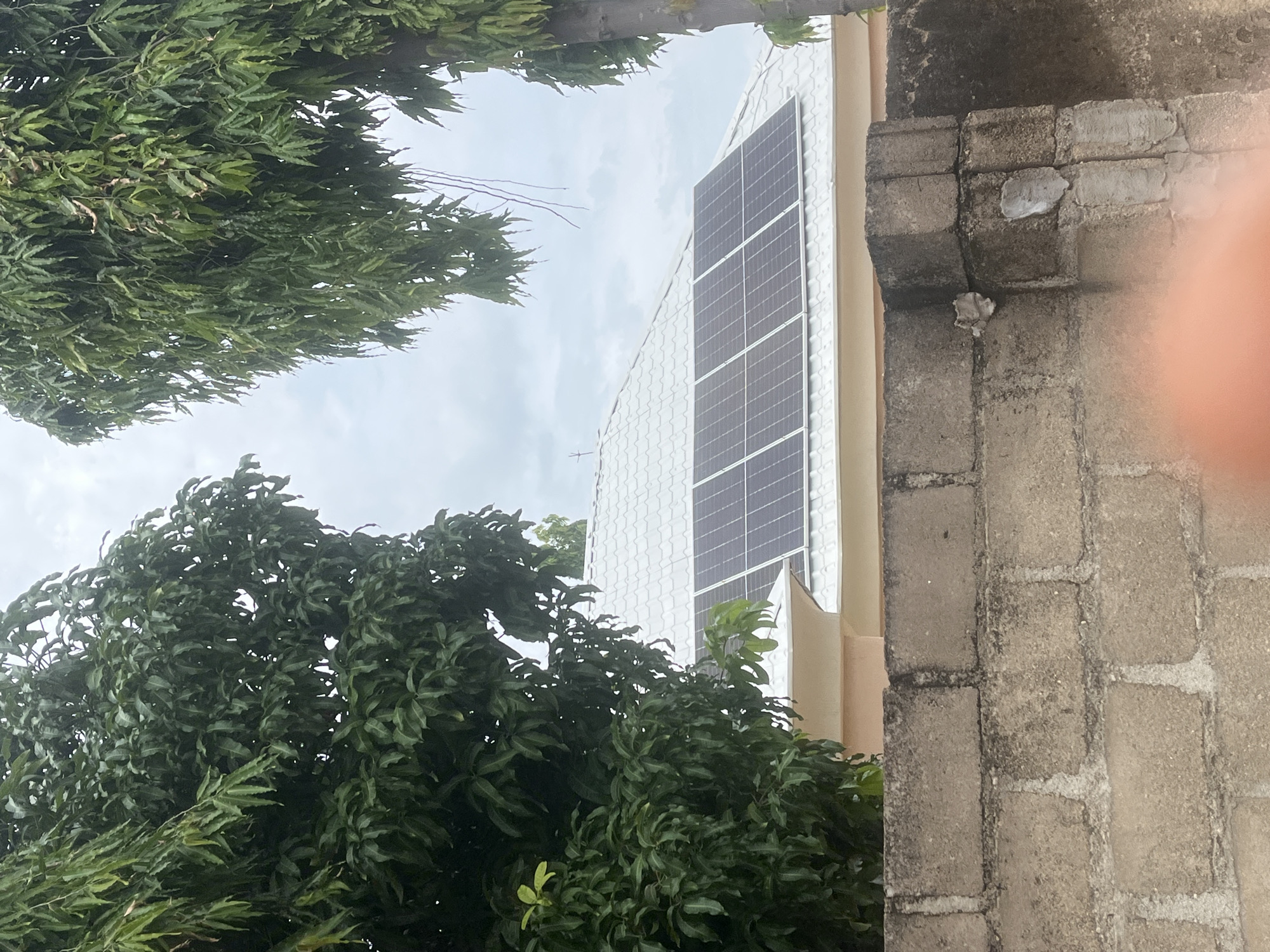 The image captures a view from behind a concrete block wall, looking towards a building with a white tiled roof. A section of the roof is equipped with solar panels. Lush green trees frame the scene on both the left and right sides, with their foliage partially obscuring the building and the sky. The sky appears overcast with a pale, diffused light. The concrete wall in the foreground exhibits signs of weathering and wear. The overall impression is an exterior residential or commercial setting, possibly in Jalingo, Nigeria, given the hint.