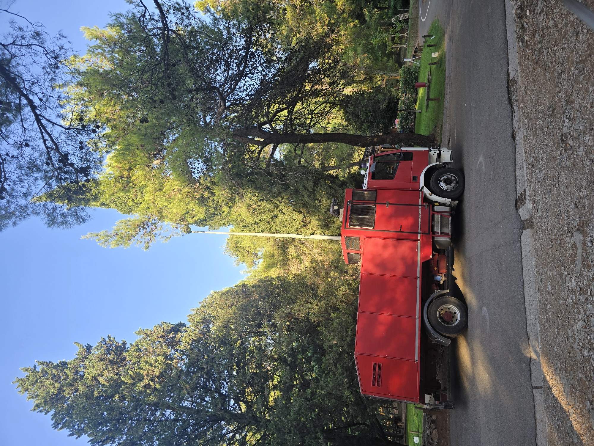 A bright red fire truck is parked on an asphalt road surrounded by lush green trees. The truck is facing right, with its side visible to the camera. The vehicle has a long, flatbed body and a cabin with windows. In the background, tall trees with dense foliage line the road, and the sky is clear and blue. Sunlight casts shadows on the road, indicating it is either morning or late afternoon. The overall scene suggests a tranquil, outdoor setting, possibly a park or a rural area. There are no people visible in the image, and the fire truck appears to be stationary.