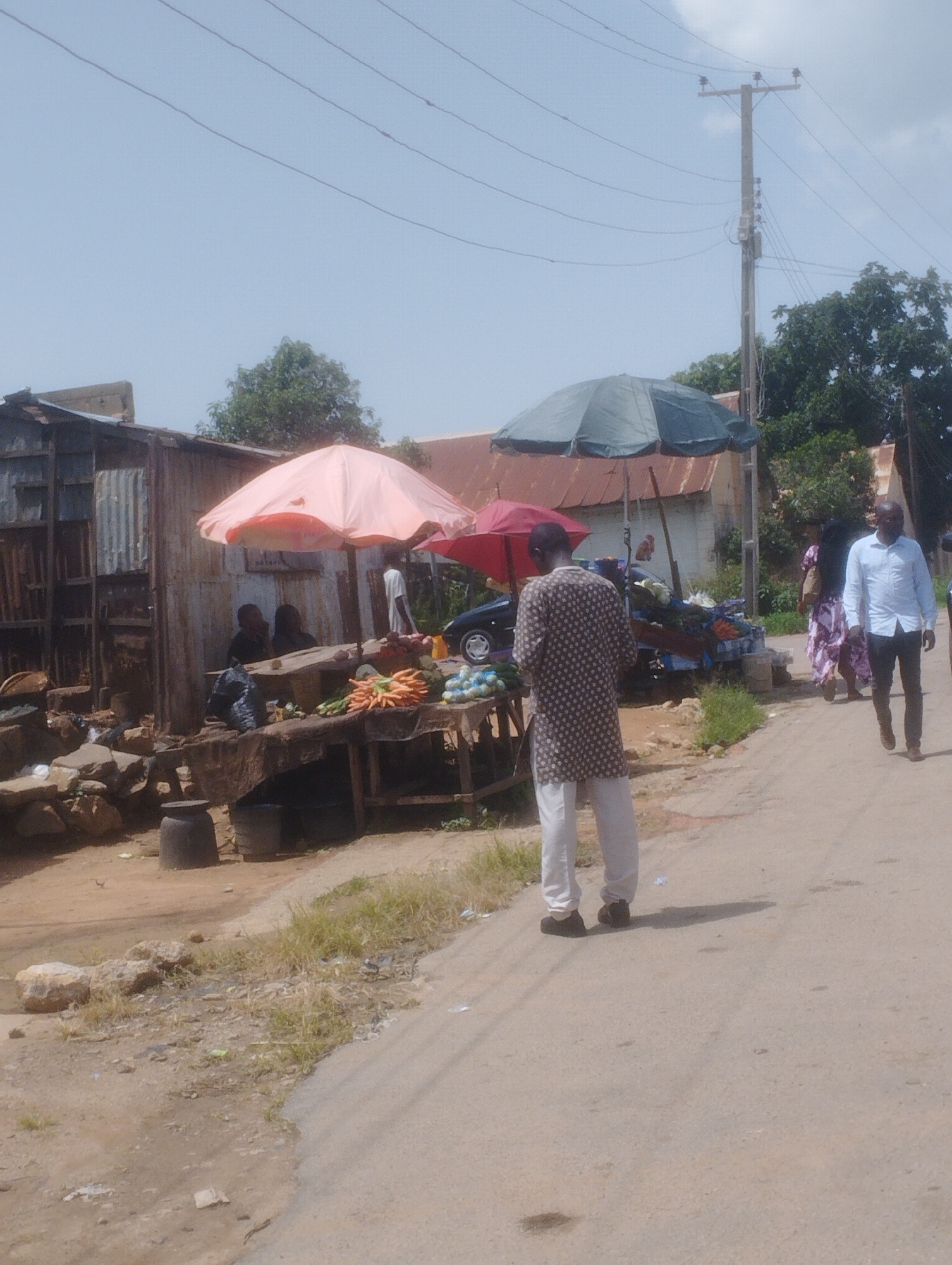 This image depicts an outdoor market scene in Jos, Nigeria, under a bright, partly cloudy sky, suggesting it is daytime. The foreground shows a dusty, paved road with a few scattered rocks and dry vegetation on the side.
In the mid-ground, a makeshift market stall is set up. A corrugated metal structure forms the backdrop for the stall, where a variety of fruits and vegetables, including carrots and what appear to be cucumbers or gourds, are displayed on wooden tables. Two people are seated behind the stall, partially obscured by umbrellas, one a vibrant pink and the other red. A large, dark green umbrella is also visible.
Several people are present. A man in a patterned shirt and light-colored pants stands in the foreground, facing away from the camera, appearing to be a customer. Further back, a man in a light blue shirt and dark pants walks along the road, also facing away. To the right, a woman in a patterned dress is seen walking away from the market. Another person, possibly a vendor or customer, is partially visible behind the pink umbrella.
The scene conveys a sense of everyday commerce. The presence of overhead power lines and the style of buildings and market stalls are indicative of a location in Nigeria. The overall atmosphere appears casual and functional, typical of a local market. There is no visible text in the image.