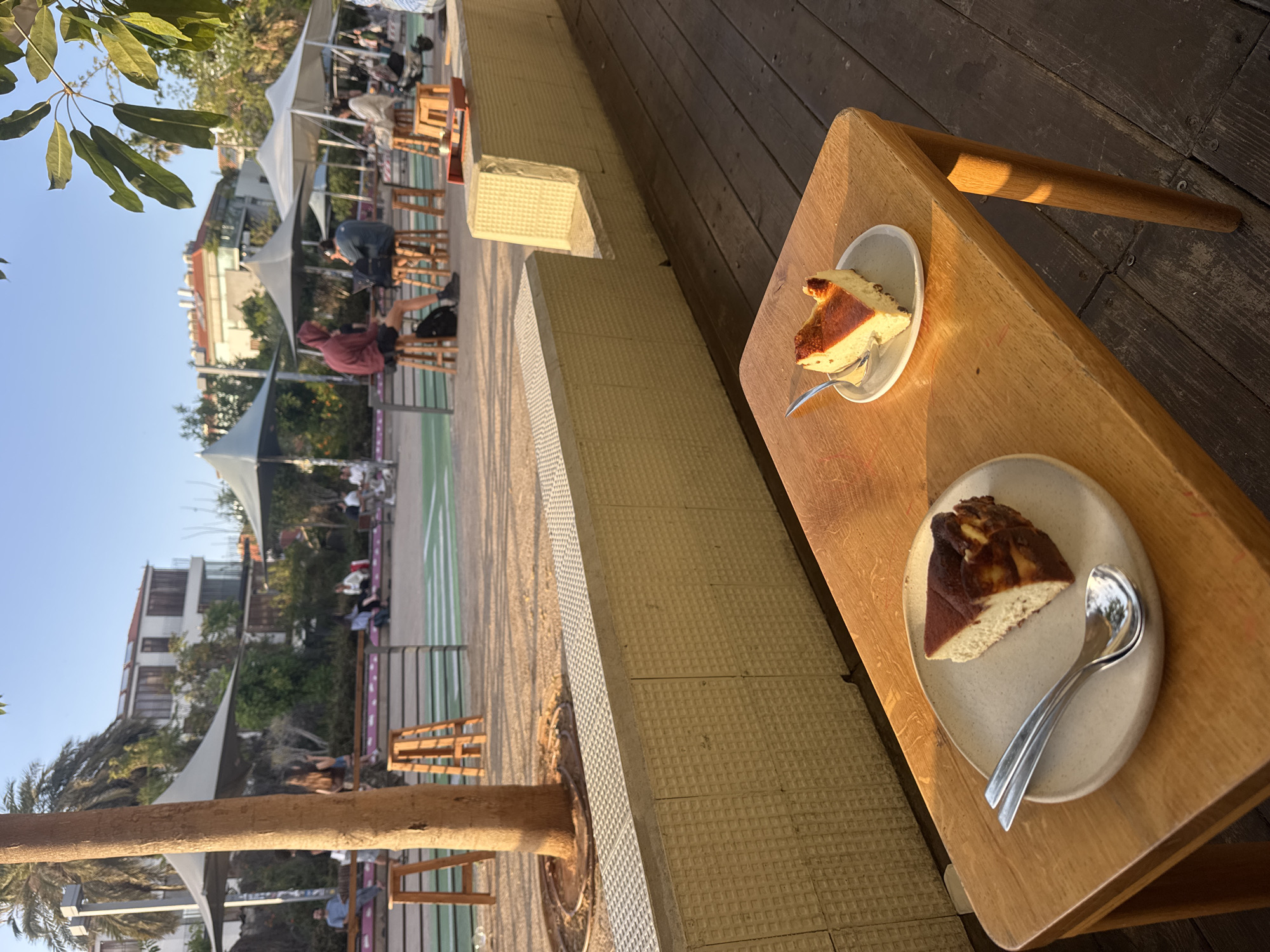 The image shows an outdoor cafe scene in Tel Aviv, Israel. Two plates of cake, one with a slice of basque cheesecake and the other with what appears to be a slice of chocolate babka, sit on a wooden table. Each plate has a fork or spoon. In the background, there are other patrons seated at tables under awnings, and green playing surface. The sky is clear. The tables are located next to a row of trees.