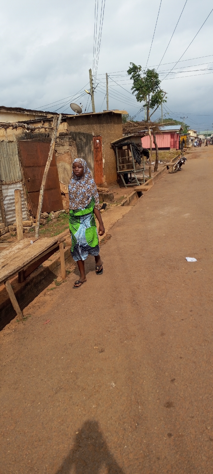 This daytime photograph depicts a street scene in Dzodze, Ghana, under an overcast sky. An unpaved, reddish-brown road dominates the foreground and extends into the background. One individual, an adult female of apparent African descent, walks on the left side of the road, moving away from the viewer's right towards the left. She wears a patterned head covering in shades of brown, blue, and white, a long-sleeved top with a similar pattern, and a long skirt featuring a prominent green, black, and white pattern. She is shod in dark, open-toed sandals with light embellishments.
To the left of the road, a raised, rudimentary wooden bench-like structure is present. Behind it, a row of single-story buildings lines the road, varying in construction. These include structures made of corrugated metal sheeting and aged mud or adobe walls. Further down the road on the left, a small, open-sided wooden stall with a thatched or woven roof is visible. Overhead, multiple utility wires are strung between wooden utility poles; one pole features a street light, and a satellite dish is mounted on a rooftop. A concrete drainage channel or gutter runs alongside the left edge of the road. In the background on the right, a motorcycle is parked. Scattered white debris is visible on the road surface in the middle-right foreground. A distinct shadow, consistent with that of a standing person, is cast on the road in the lower right portion of the image.