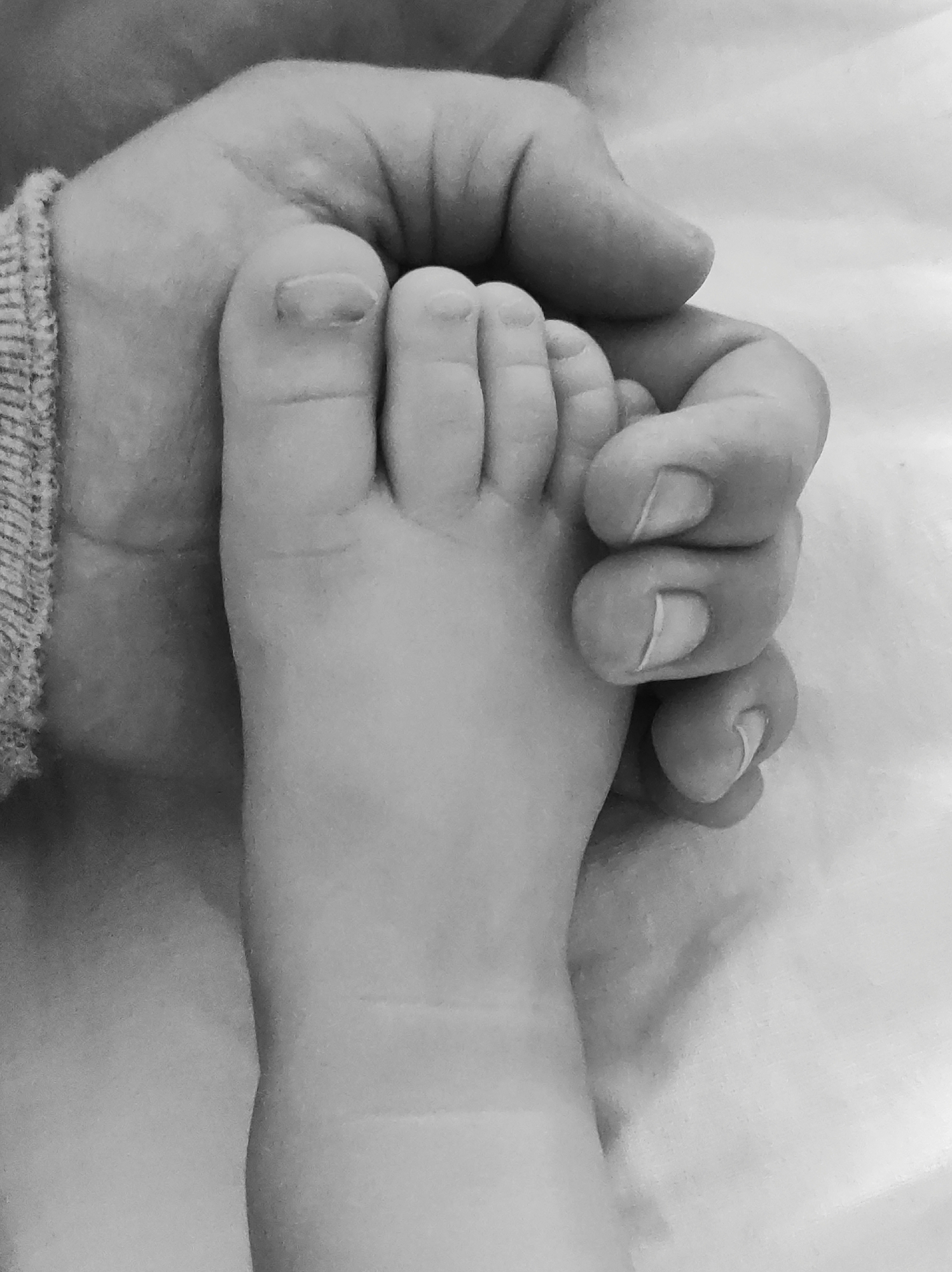 A grayscale photograph shows an adult hand cradling a baby's foot. The hand is positioned at the top of the frame, holding the baby's toes within its fingers. The baby's foot extends downward from the hand. The image rests on a neutral surface that is slightly out of focus. The setting or location within Chaikovsky, Russia cannot be determined from this image.