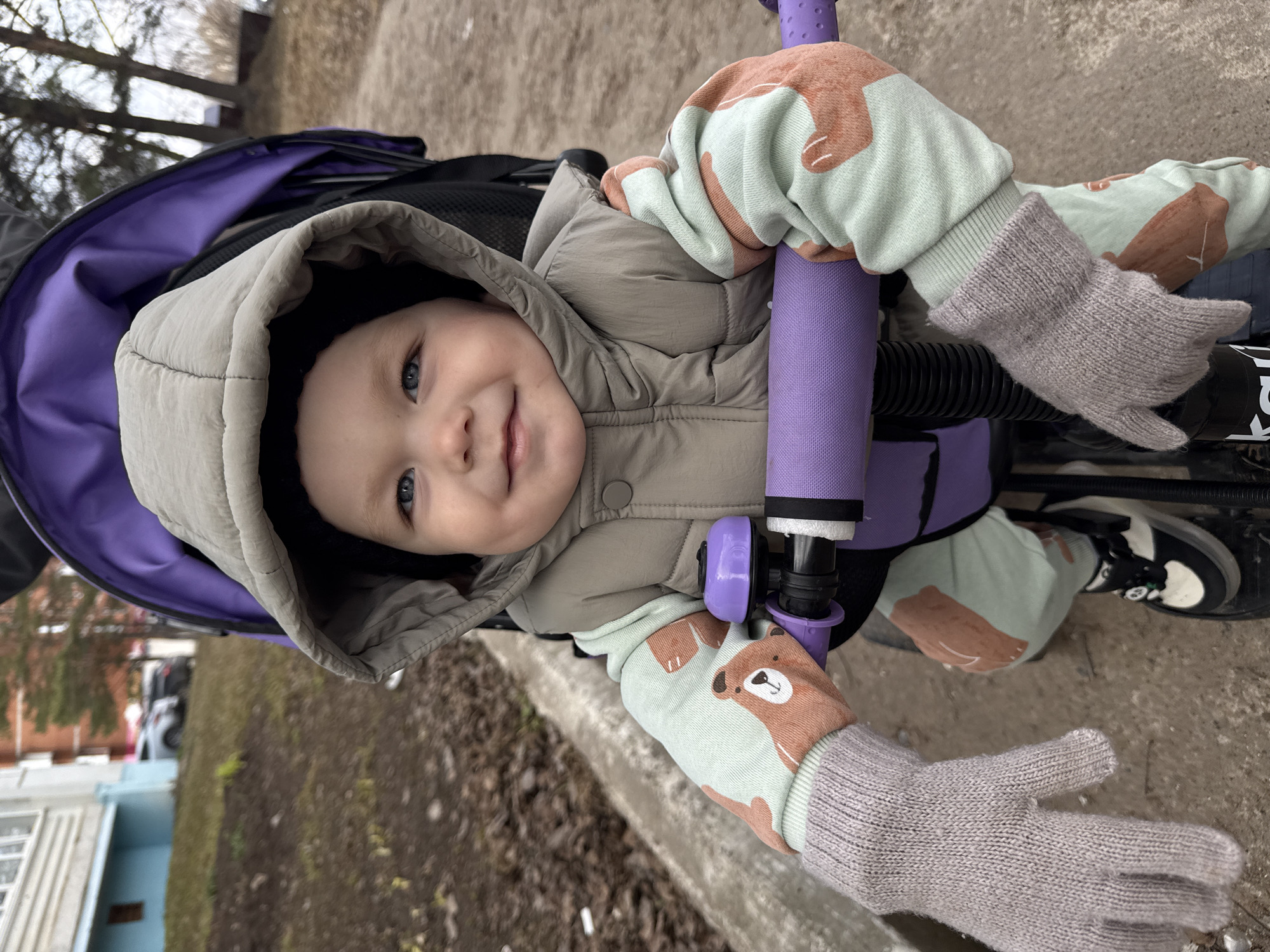A child is sitting in a purple stroller or bicycle seat. The child wears a gray hooded coat, light green patterned shirt with bear accents, and gray knitted gloves. The child smiles at the camera. The background shows a concrete path, possible grass, and a building structure. The location seems to be in an urban or suburban area due to the built environment. The city is Unknown, Unknown.