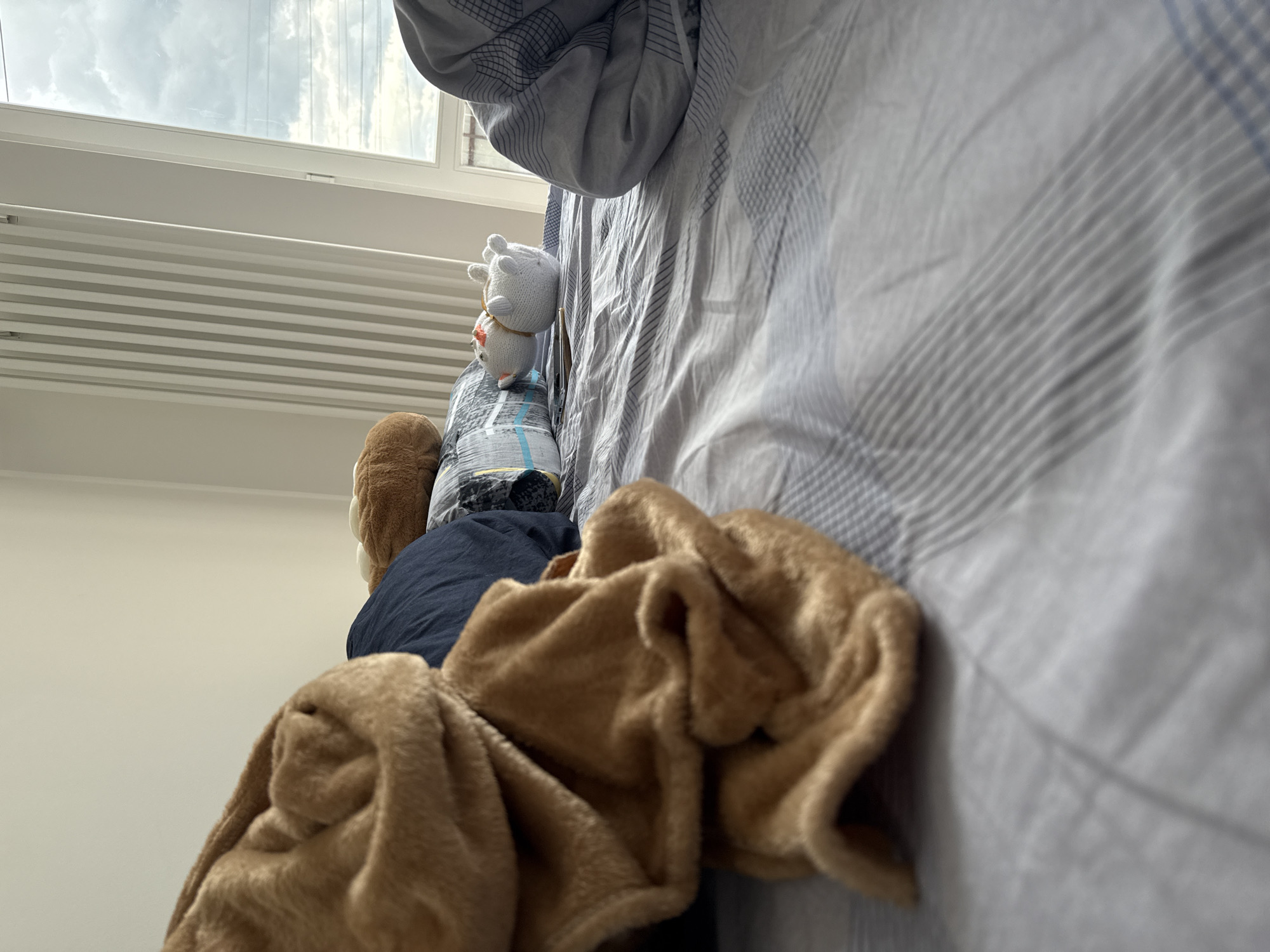 The image shows a messy bed in a room with a window. The bedding consists of gray and white striped sheets and a comforter. A tan blanket is draped over the bed. A knitted toy is positioned near the head of the bed by the window, which shows a view of cloudy skies. The location is unspecified in the image and cannot be determined as Moscow, Russia.