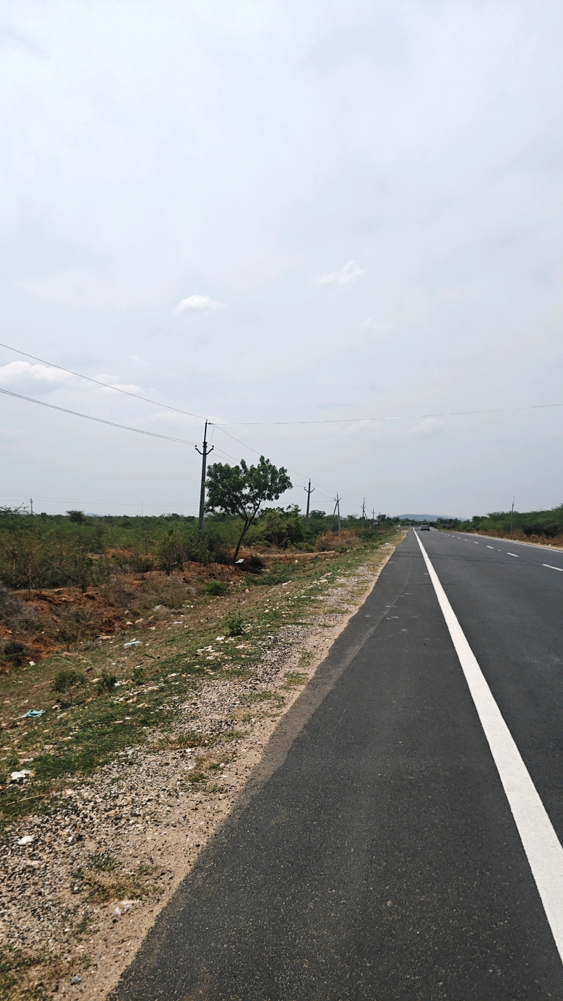 The image shows a paved highway with a white line marking the lane. The highway stretches into the distance and is flanked by a dry, scrubby landscape on the left. Power lines with utility poles run parallel to the road. There is a single tree with green foliage on the left side of the road, standing in the midst of sparse vegetation. The sky is overcast with white clouds. In the distance, a few vehicles are visible on the highway. The overall scene depicts a rural or semi-rural setting, likely in India given the mention of Kotta Jadadevi.