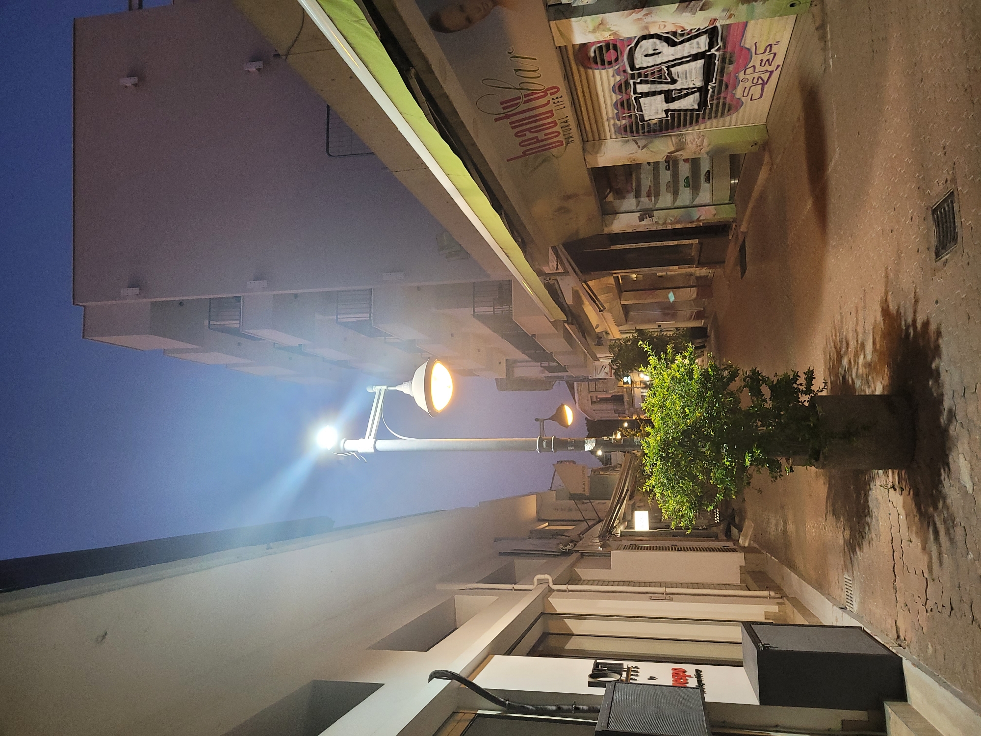The image depicts a narrow street in Limassol, Cyprus, likely in the early evening or twilight. The scene is illuminated by streetlights, casting warm glows and shadows.
On the left side of the street, a building with a white facade features large windows and a black object, possibly a speaker, attached to the wall. A black trash receptacle is situated on the sidewalk.
Dominating the center of the street is a tall lamppost with two illuminated globes. In front of the lamppost, a potted green shrub stands in a concrete planter, its shadow stretching across the cobblestone pavement. The pavement itself is made of interlocking grey bricks and shows signs of wear and tear.
To the right, a building has a storefront with a green awning. The shop's shutter is covered in graffiti, most notably a large "TLR" tag. The facade above the shutter displays the text "beauty bar" and "NATURAL LIFE." Further down the street, more storefronts and buildings are visible, receding into the dim light.
The sky above is a deep, dusky blue, indicating the transition from day to night. The overall impression is of a quiet, urban street scene at dusk.