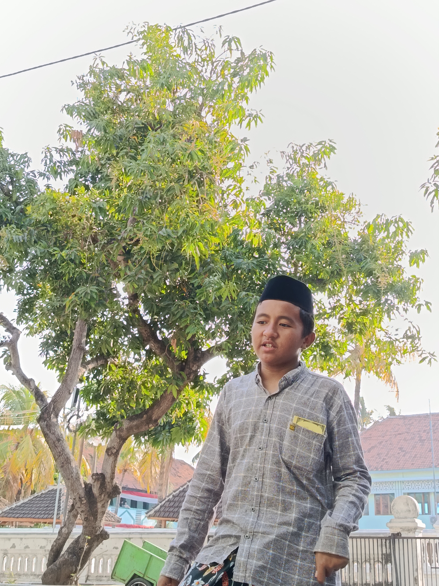 In Ramban Wetan, Indonesia, a young boy wearing a black peci and a grey plaid long-sleeved shirt stands outdoors. He is positioned in front of a large tree with green foliage and a visible trunk. Behind the boy and tree, buildings with reddish-brown roofs and light blue facades are discernible. A white concrete fence with decorative elements runs across the foreground, and a small green cart with wheels is partially visible to the left of the boy. The sky above is bright and overcast.