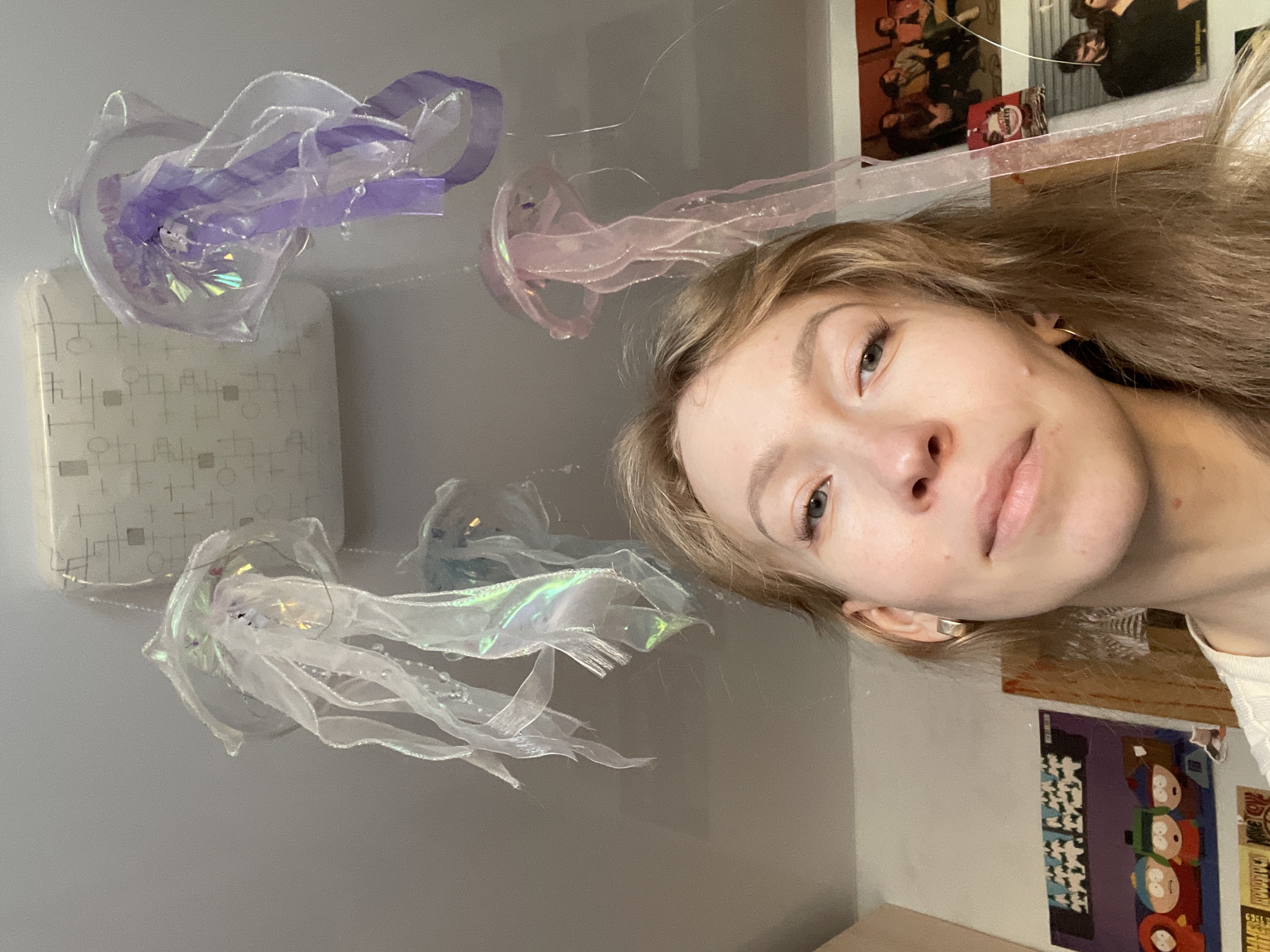A selfie-style photograph captures a fair-skinned individual with light brown hair facing the camera. They have neutral facial expression and are wearing hoop earrings.
In the background, hanging from the ceiling, are several decorative jellyfish-like objects made of translucent material and ribbon in shades of purple, pink, and white. These appear to be suspended within an indoor space, possibly a bedroom, as evidenced by the presence of posters on the wall behind the individual.
The posters include an image of a band, a poster for the TV show "South Park", and additional images that are partially obscured. The wall is painted a light color, and there is also a patterned object that appears to be a box or other decorative item. There are no indications of the city of Siva, Russia in this image.