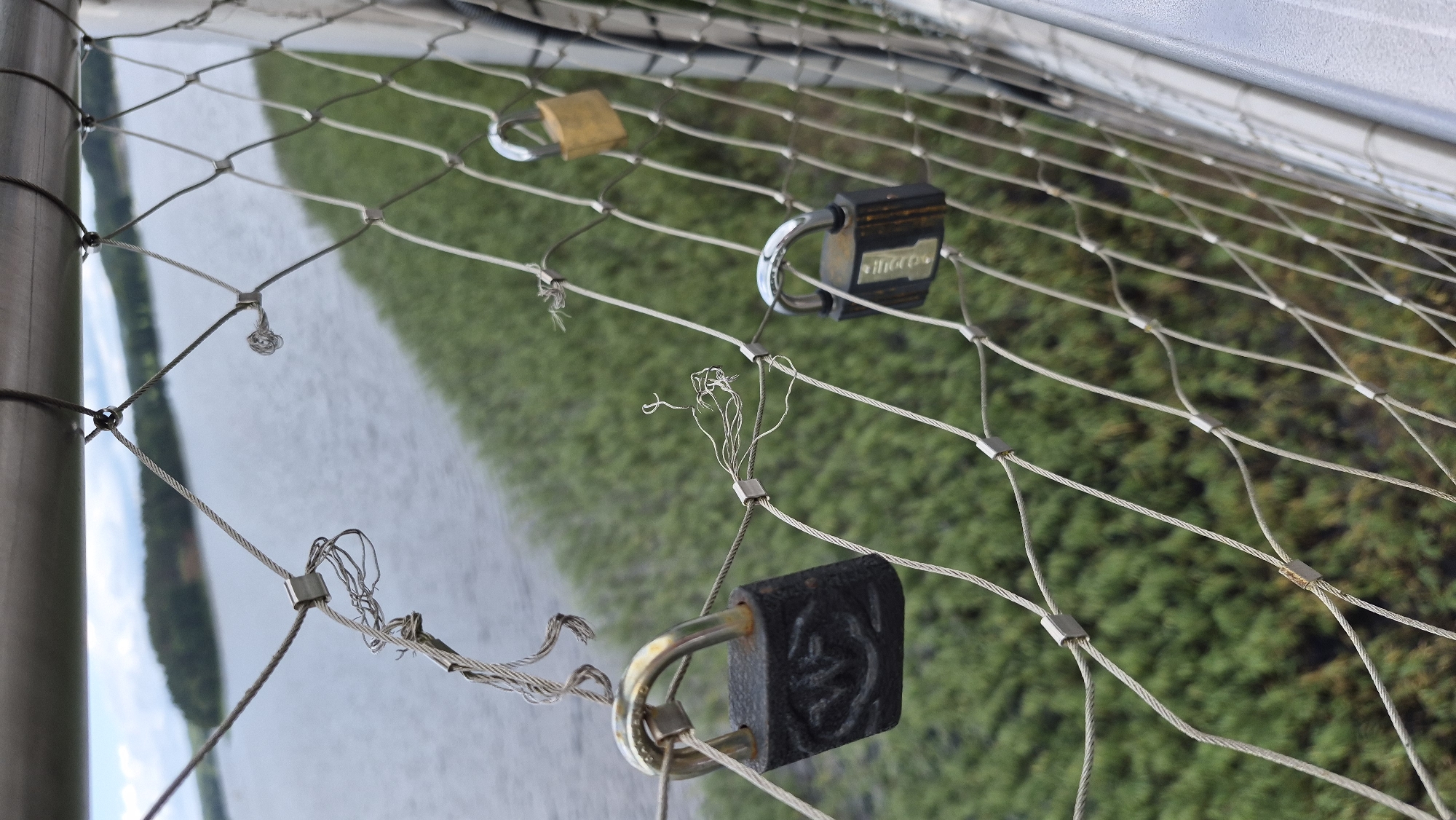 The image shows a close-up of a wire mesh fence with three padlocks attached. In the background, a body of water is visible, bordered by a green, vegetated shoreline and a treed hill. The sky above is overcast. This scene is located at the Zarasai Old Town Observation Wheel in Zarasai, Lithuania, a known spot for couples to attach "love locks" to the fence. The padlocks are of different colors and sizes, with some showing signs of wear and tear. The wire mesh is made of thin steel cables, and some of the cables appear to be frayed. The overall impression is one of a public space that has been adapted for personal expression and sentiment.