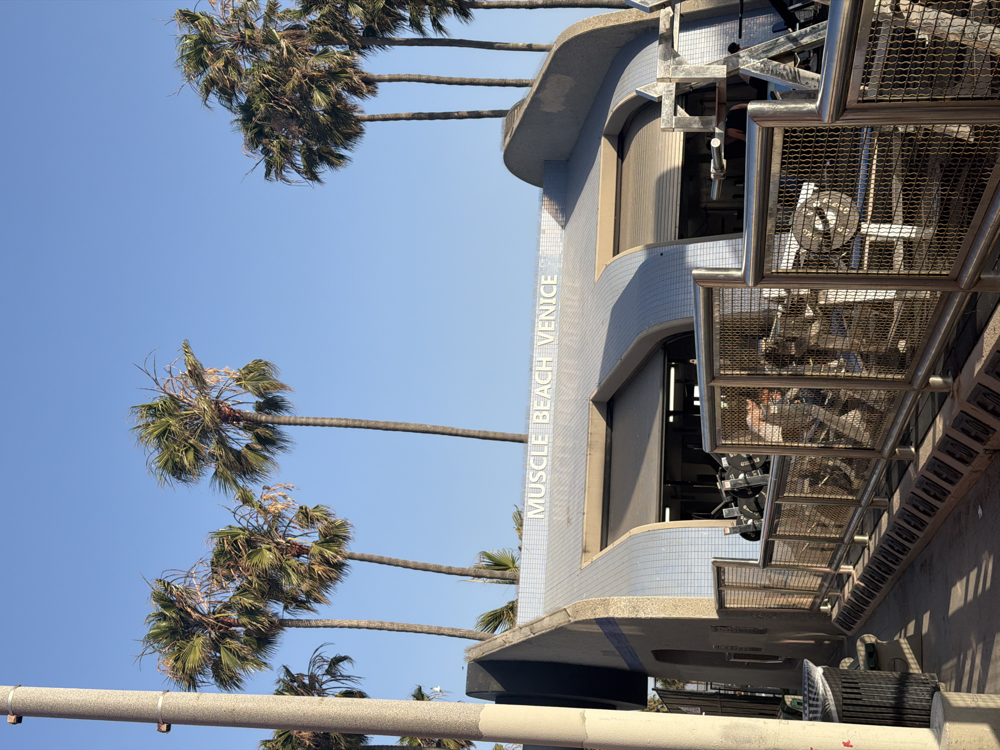 The image shows the Muscle Beach Venice building, a fitness area in Venice Beach, Los Angeles, USA. The building has the words "MUSCLE BEACH VENICE" displayed vertically along one side. Palm trees are visible in the background against a blue sky. Fitness equipment is housed within the building's structure, some of which is visible through the metal grating surrounding the workout area. A beige post is in the foreground.