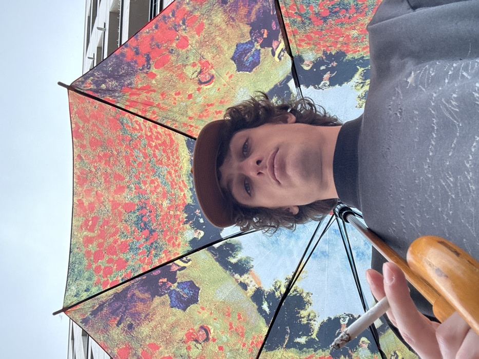 A low-angle shot features a person under a patterned umbrella. The umbrella's design appears to be an impressionistic painting with vibrant reds and blues, possibly depicting a field or garden scene. The person wears a dark sweatshirt and a brown cap, gazing downward at the camera with a neutral expression. They hold a lit cigarette in their hand. The sky and part of a building are visible in the background, suggesting an outdoor urban setting.