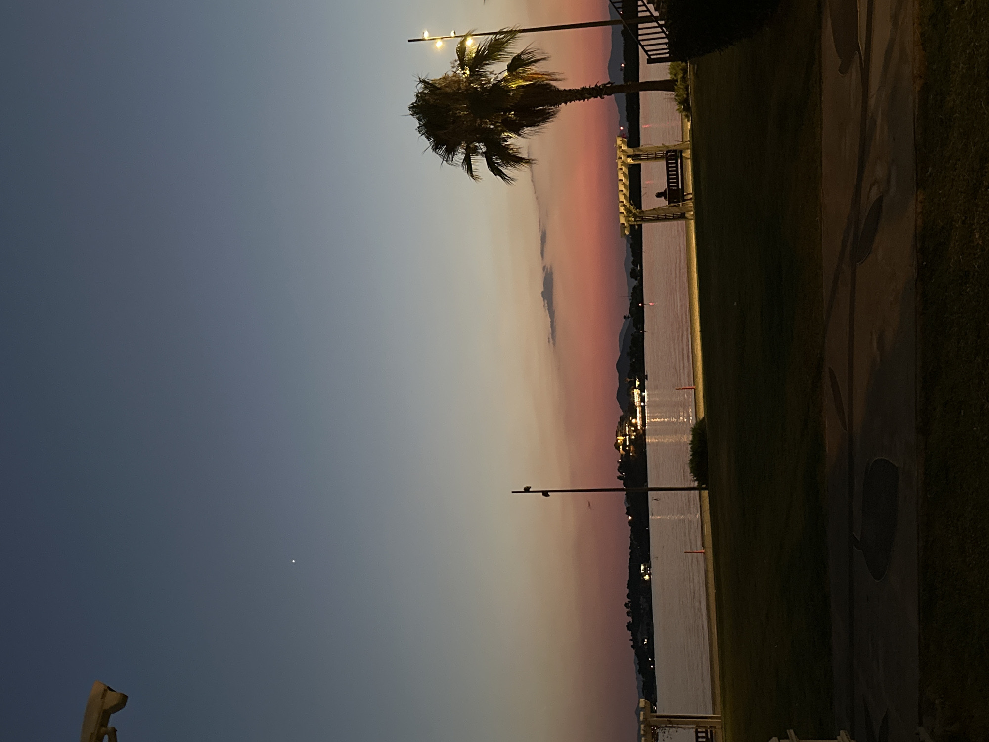 The image depicts a twilight scene by the water in Fethiye, Turkey. The sky is a gradient of deep blue at the top transitioning to pink and orange hues near the horizon, indicating sunset or sunrise. A single bright star or planet is visible in the upper left quadrant of the sky. In the foreground, a dark grassy area is illuminated by streetlights, with paved pathways visible. The midground features a body of water, likely a bay or lagoon, reflecting the colors of the sky. Along the waterfront, there are several lampposts and a building complex illuminated with lights on a distant shore. To the right, a large palm tree stands prominently, and a wooden pergola with a bench is situated near the water's edge, with a lone figure seated on the bench. The overall atmosphere is serene and calm.