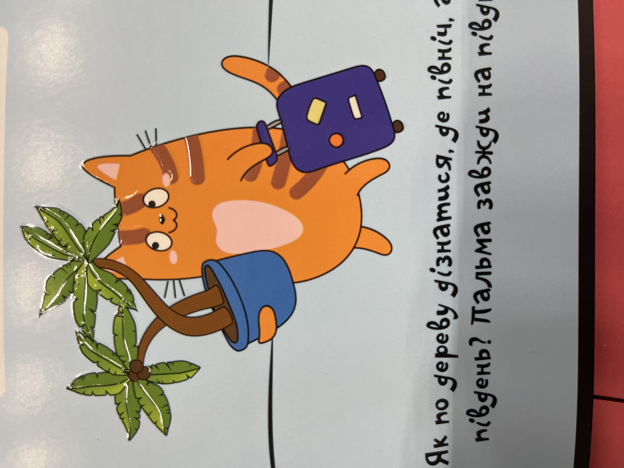 The image shows a cartoon illustration of an orange cat holding a potted palm tree and a purple suitcase. The cat is standing against a light blue background. Below the illustration, there is text in Ukrainian that reads "Як по дереву дізнатися, де північ, а південь? Пальма завжди на півд." The phrase translates to "How to tell the north and south by a tree? A palm tree is always to the south." There is no information in the image to suggest any location in Kharkiv, Ukraine.