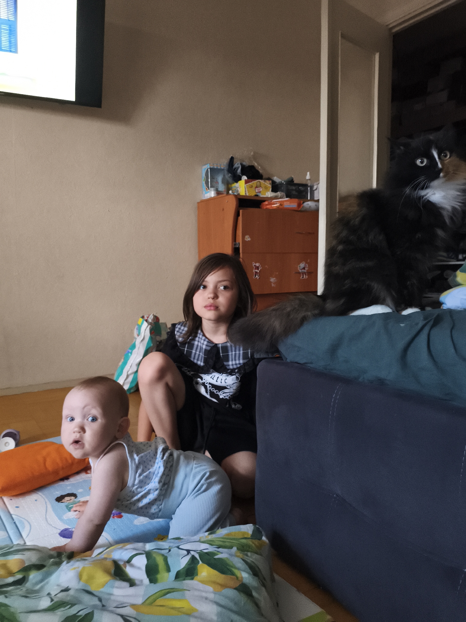 An indoor, eye-level, medium shot captures a baby girl on all fours on a colorful playmat. She has fair skin, blue eyes, and is wearing a light blue tank top with a white dotted pattern and light blue pants. To her left, an orange pillow rests on the playmat. Behind the baby, a young girl with brown hair and blue eyes is sitting with her legs crossed. She is wearing a plaid collar dress with a dark t-shirt underneath. A large, multi-colored cat with black, brown, and white fur sits on a dark blue couch to the right of the frame, looking towards the camera. The background shows a wooden floor, a portion of a dresser with orange drawers and various items on top, and a beige wall. A portion of a television screen is visible in the upper left corner. The overall environment suggests a home interior.