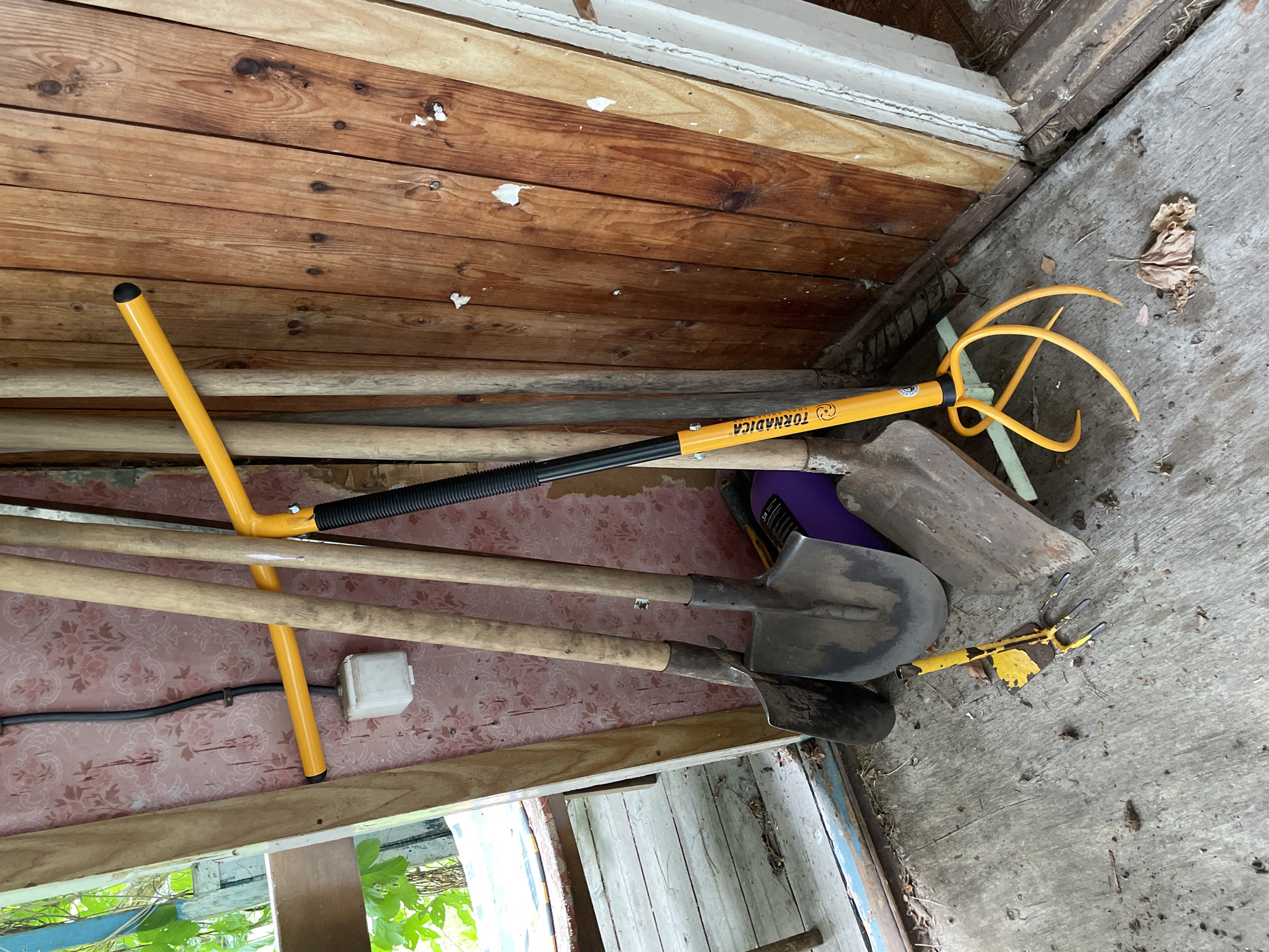 The image depicts a collection of gardening tools leaning against a wooden wall and a patterned wallpapered surface. In the foreground, a bright yellow tool with multiple prongs, resembling a garden fork, rests on a weathered wooden floor. Behind it, two shovels with wooden handles are propped up. A yellow horizontal bar, possibly part of another tool, is positioned across the top of the shovels. The environment appears to be an outdoor shed or storage area, with visible debris on the floor and a partially visible wooden bench or table to the left. The lighting suggests it is daytime. There are no people or animals present in the image.