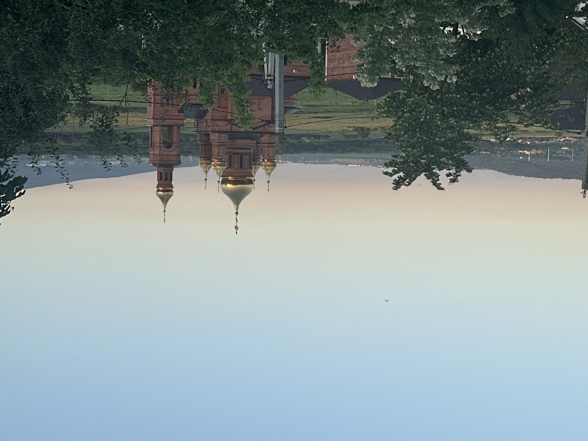 The image shows an outdoor scene dominated by trees in the foreground and a distant landscape with a brick building topped with golden domes. The building appears to be a church or monastery. The sky is clear and light, suggesting it is either early morning or late afternoon. The trees are lush and green, indicating a warm season. The building's golden domes reflect the light. The image is rotated 90 degrees counterclockwise, so the sky appears at the bottom and the ground at the top. There is no visible text.