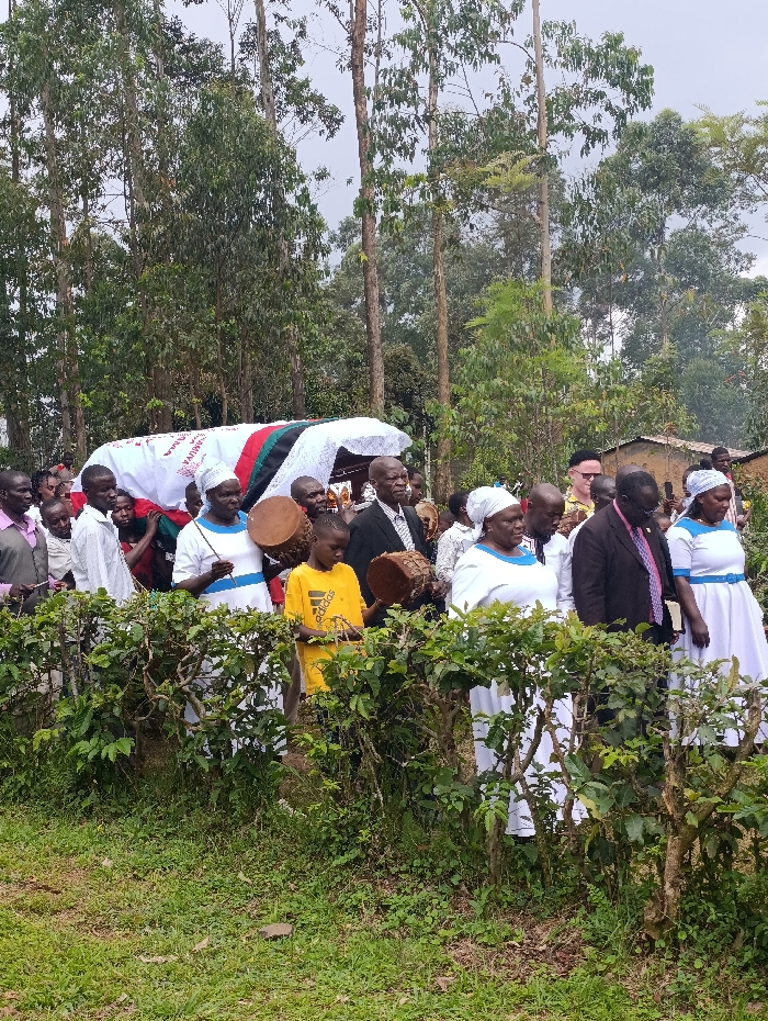 The image shows an outdoor procession taking place in Idakho South ward, Kenya. A casket, covered in white fabric with red text (including "YAMAMBA") and partially draped with a Kenyan flag, is being carried by multiple individuals. Approximately 25-30 people, including adults and children, are part of the procession. Several individuals, primarily women, are dressed in uniform white dresses with blue trim, while some men wear matching white and blue striped shirts. An adult male in a white and blue shirt and a young boy in a yellow Adidas t-shirt are each holding a circular wooden drum. The scene is viewed from behind a low, manicured green hedge. The background is dominated by numerous tall, slender trees, with a simple building and a faint plume of smoke visible to the far right under an overcast sky.