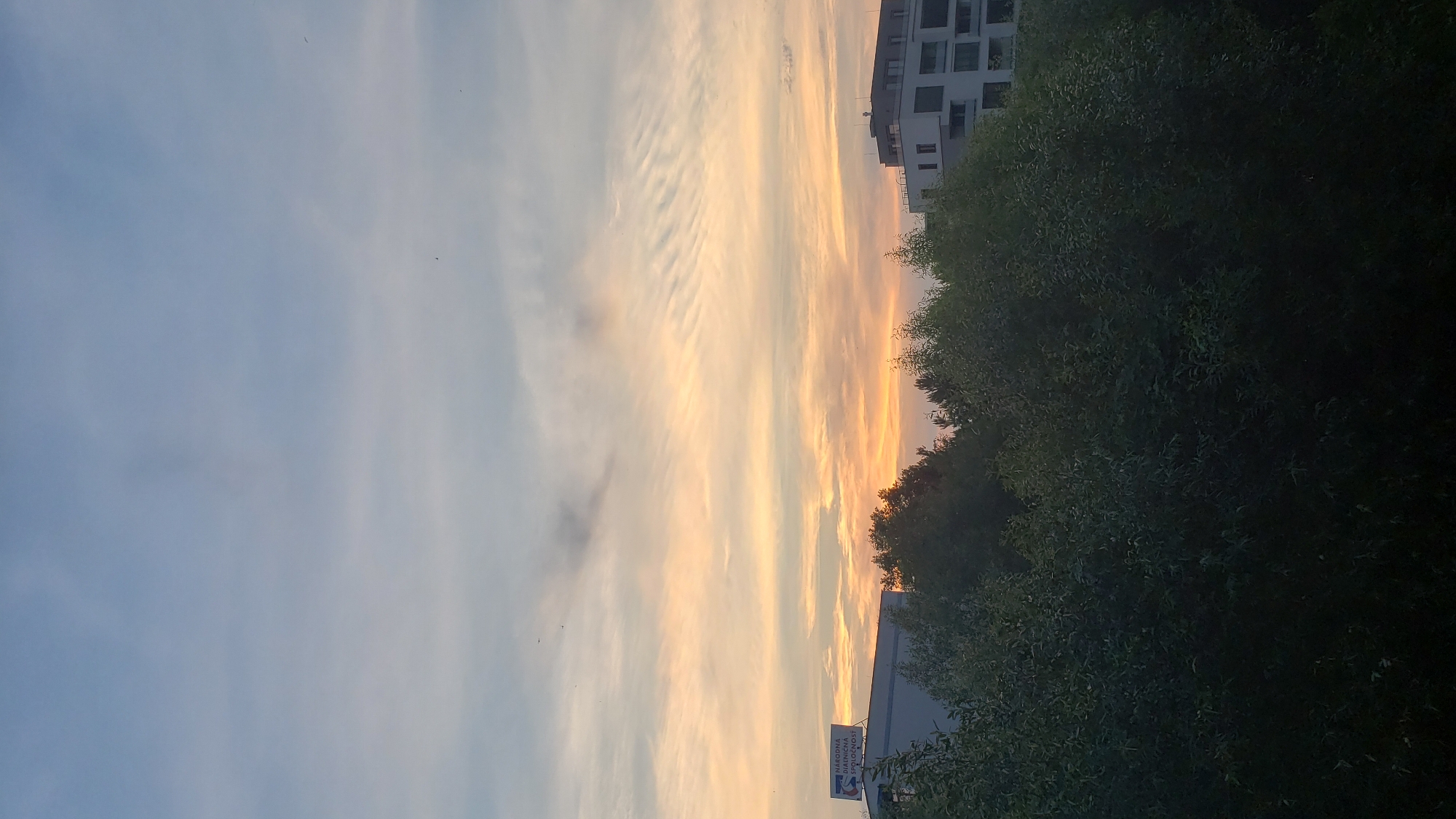 The image captures a sky filled with wispy clouds painted in hues of blue, grey, and orange, suggesting either sunrise or sunset. In the foreground, a dense line of dark green trees forms a natural barrier, obscuring much of the ground level. Peeking above the trees are two buildings. On the left, a white building with a blue and white sign that reads "NARODNA DIELNICNA SPOLOČNOST" is visible. To the right, a modern, multi-story white building with numerous windows stands prominently. The scene is set in the city of Prešov, Slovakia.