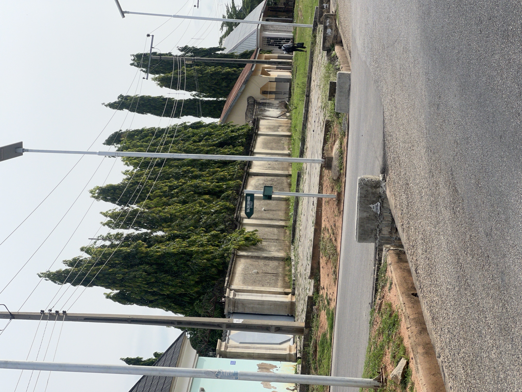 The image depicts a street scene in Jalingo, Nigeria, characterized by a concrete wall, tall evergreen trees, and utility poles with overhead wires. A street sign pointing to "YAA ZAKI DAN-HABU STREET" is visible. In the background, several buildings with corrugated metal roofs are present. A person is walking away from the camera towards the buildings, carrying a backpack. The foreground shows a paved road with a drainage channel along the side. The sky is overcast, suggesting a cloudy day. The overall environment appears to be a residential or institutional area within the city.
